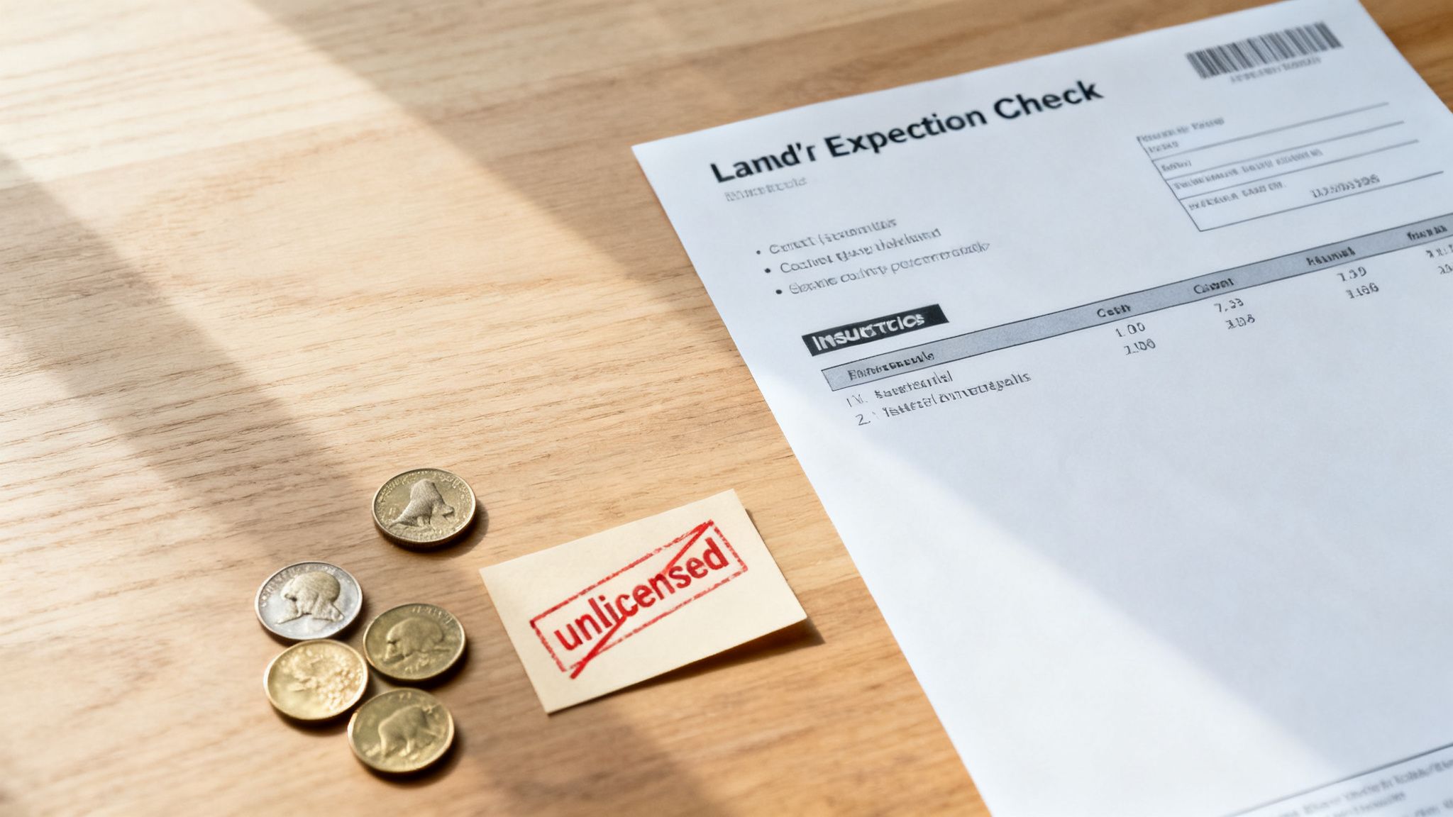 A Document Titled 'Land'R Expection Check' With An 'Unlicensed' Stamp And Scattered Coins On A Wooden Table.