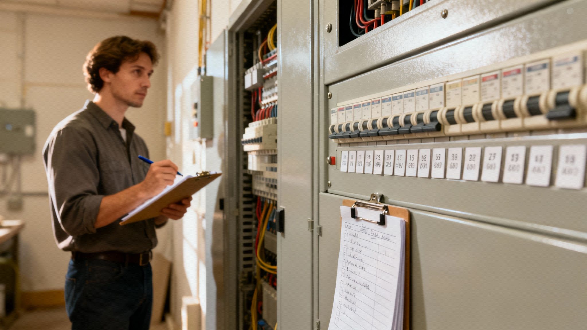 A Homeowner Safely Inspecting A Home Electrical Switchboard From A Distance.