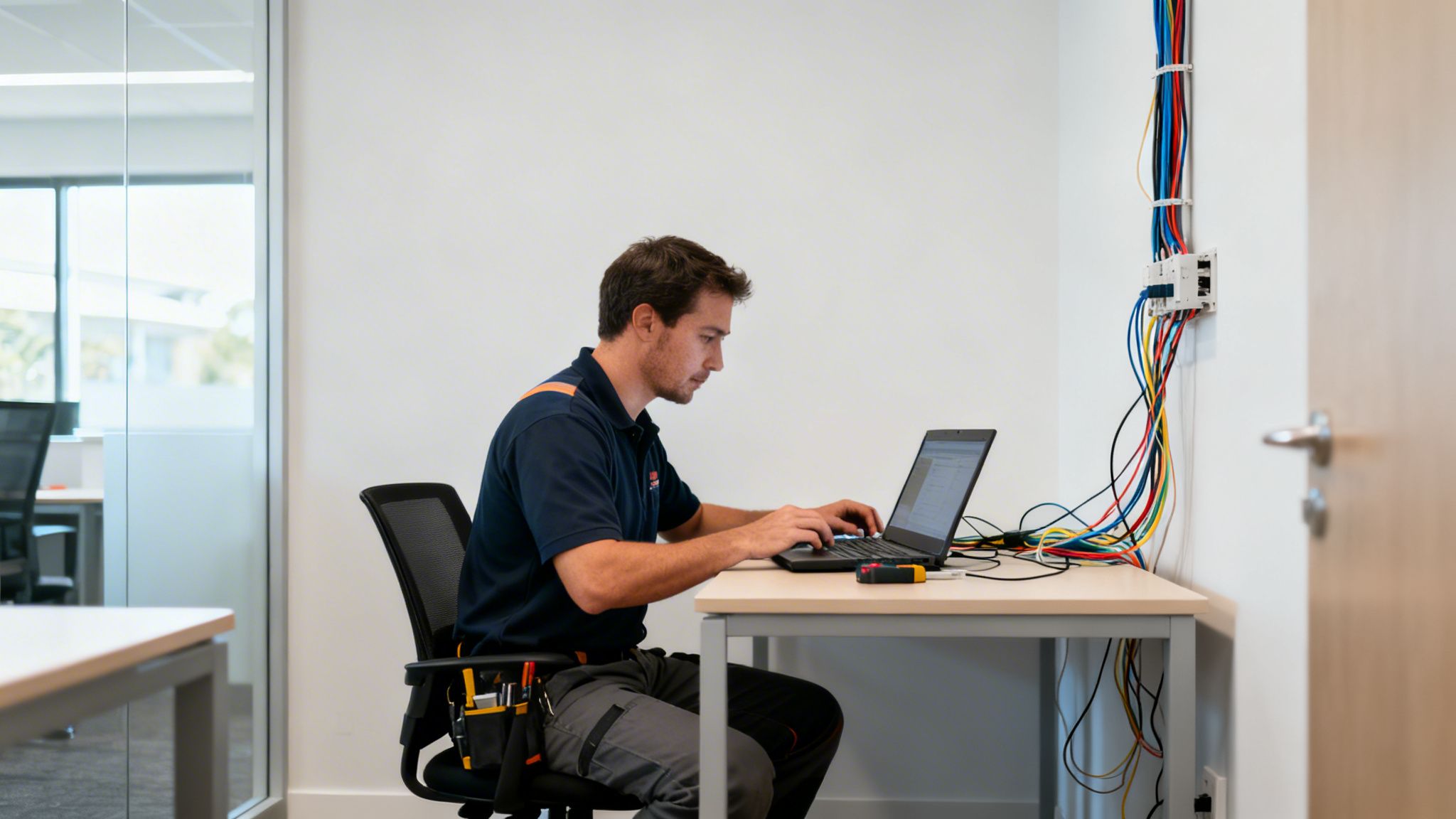 A Male Electrician In Uniform Works On A Laptop, Managing Colorful Network Cables In An Office.