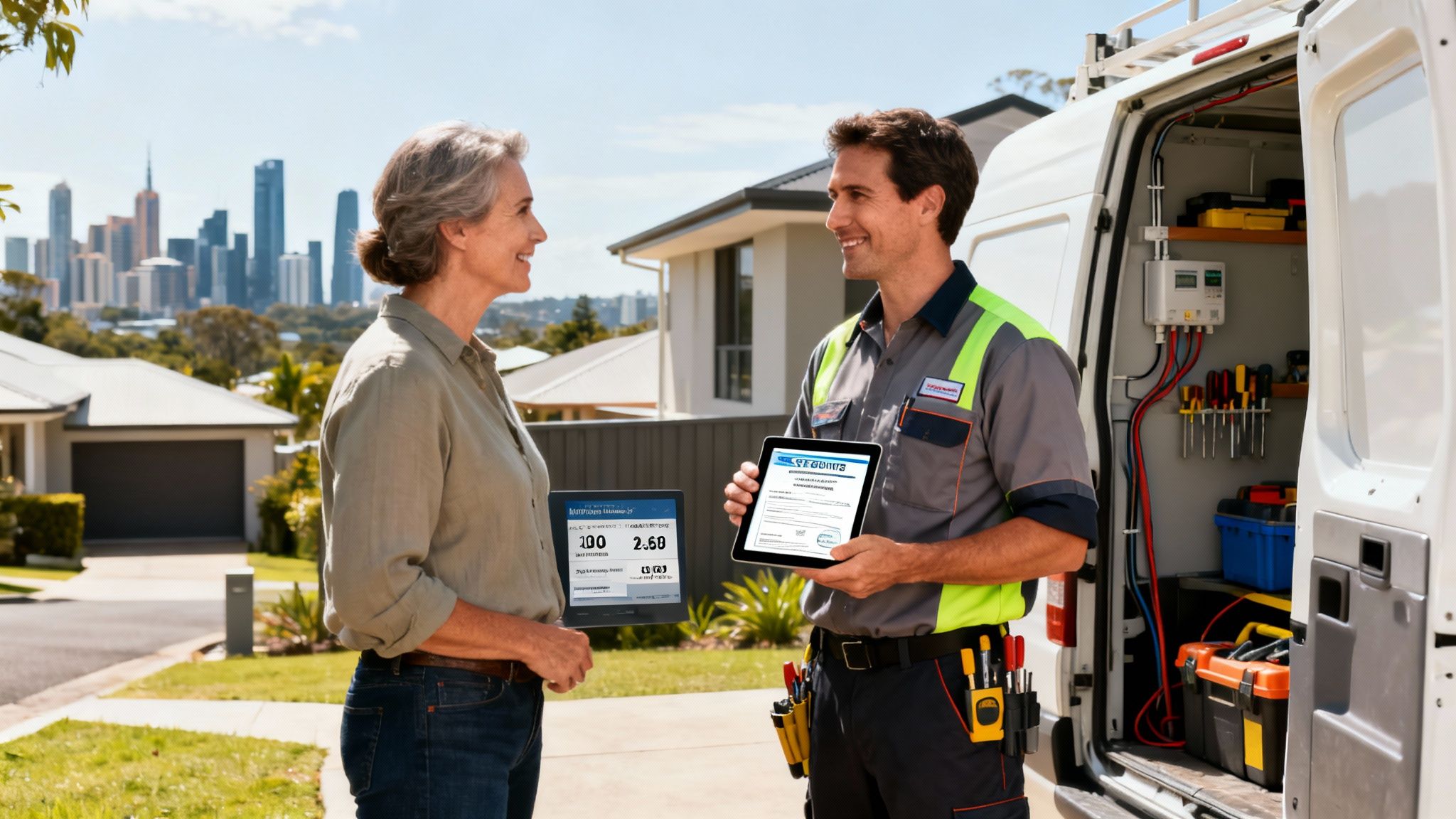 An Electrician Presents Data On A Tablet To A Woman Outside Her Home.