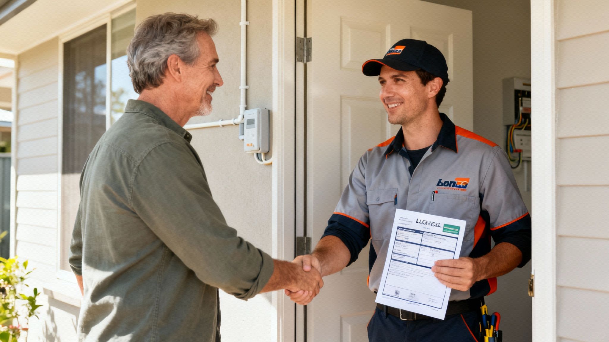 A Licensed Electrician Consulting With A Homeowner In Brisbane.