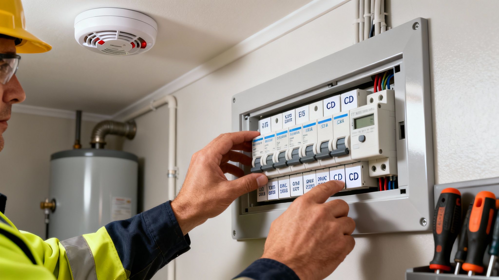 An Electrician Wearing A Hard Hat And Safety Vest Works On An Electrical Panel.