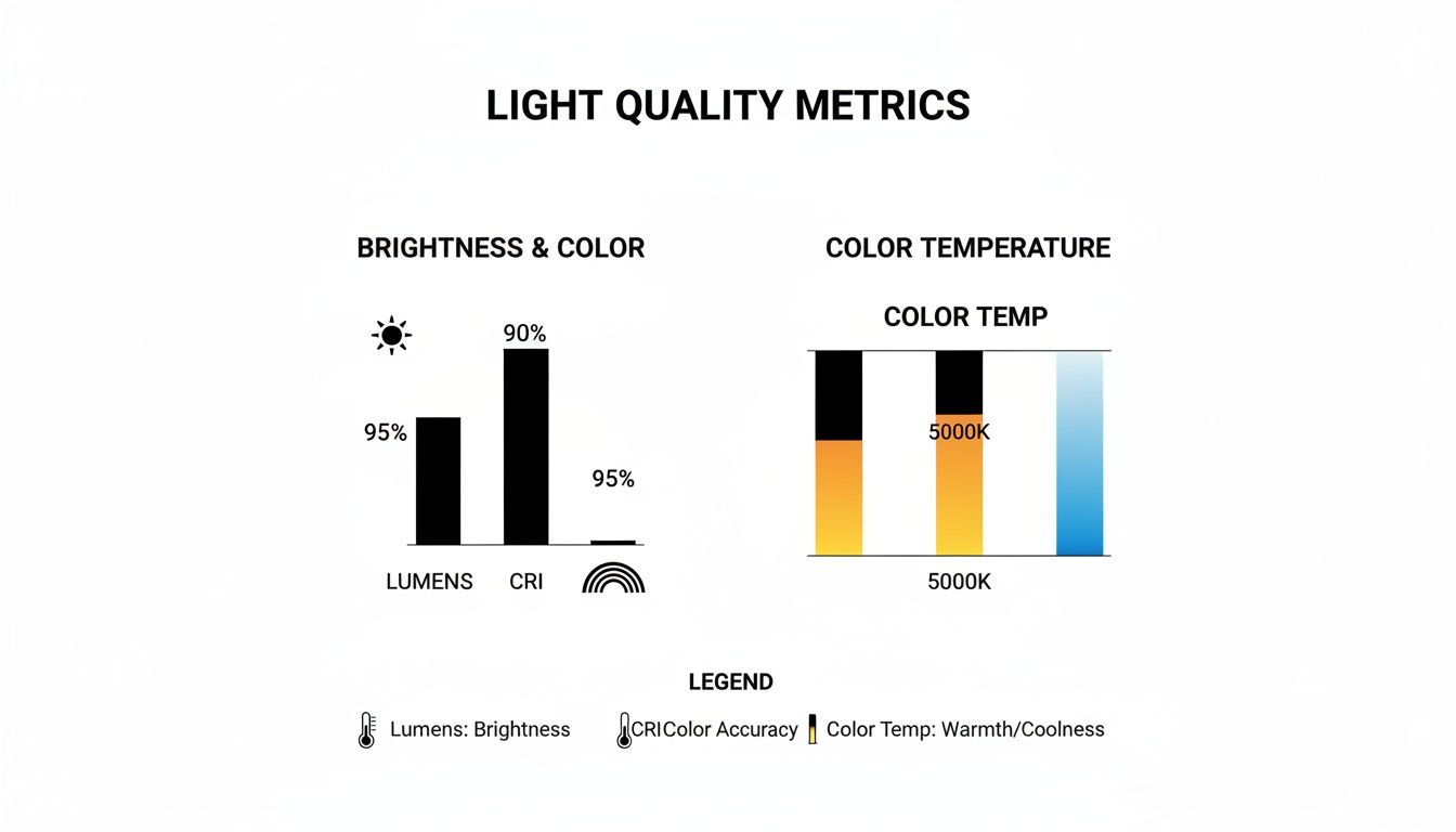 Halogen Vs Led Lights Which Is The Smarter Choice 2 Light Quality Metrics Chart Displaying Lumens, Cri, And Color Temperature Values For Different Lighting Options.