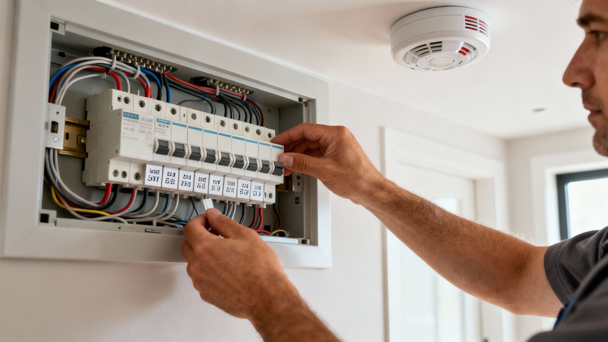 Professional Electrician Inspecting And Working On Residential Circuit Breaker Panel Installation And Maintenance