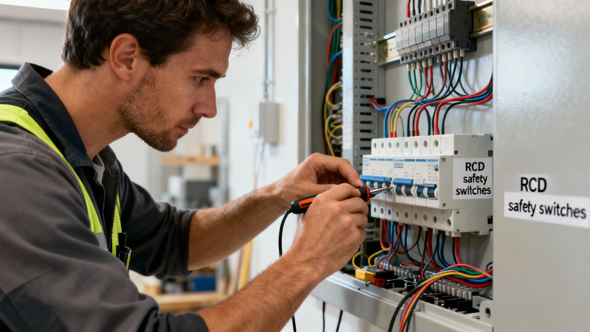 Professional Electrician In A Safety Vest Troubleshooting An Electrical Panel With A Screwdriver.