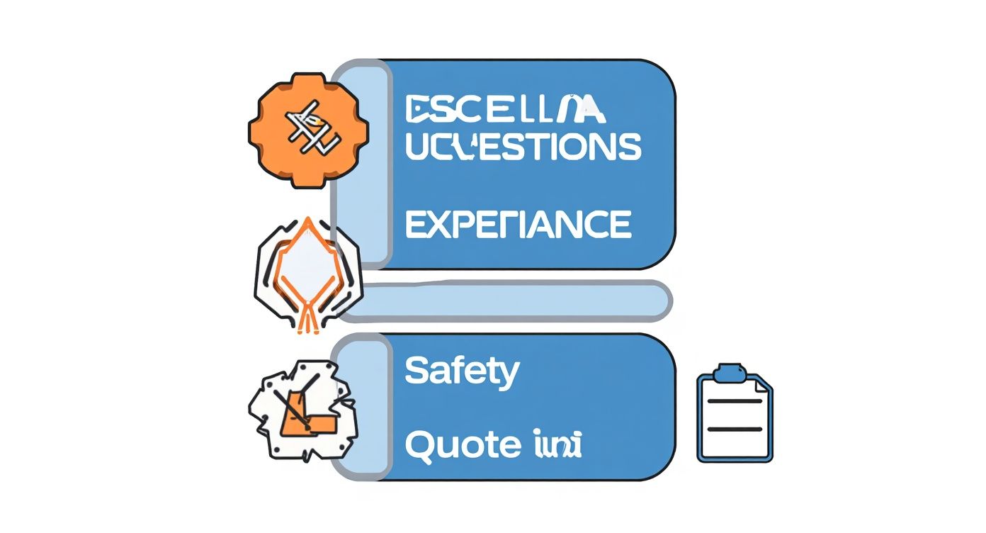 Illustrative Image With Blue Panels Highlighting Excellence, Experience, Safety, And Quotes, Alongside Gears And Clipboard Icons.