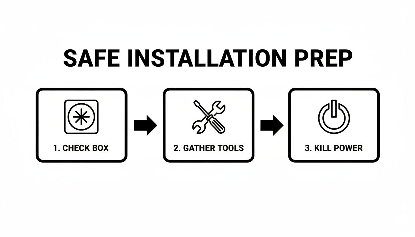 A Three-Step Guide For Safe Installation Preparation, Including Checking Box, Gathering Tools, And Killing Power.