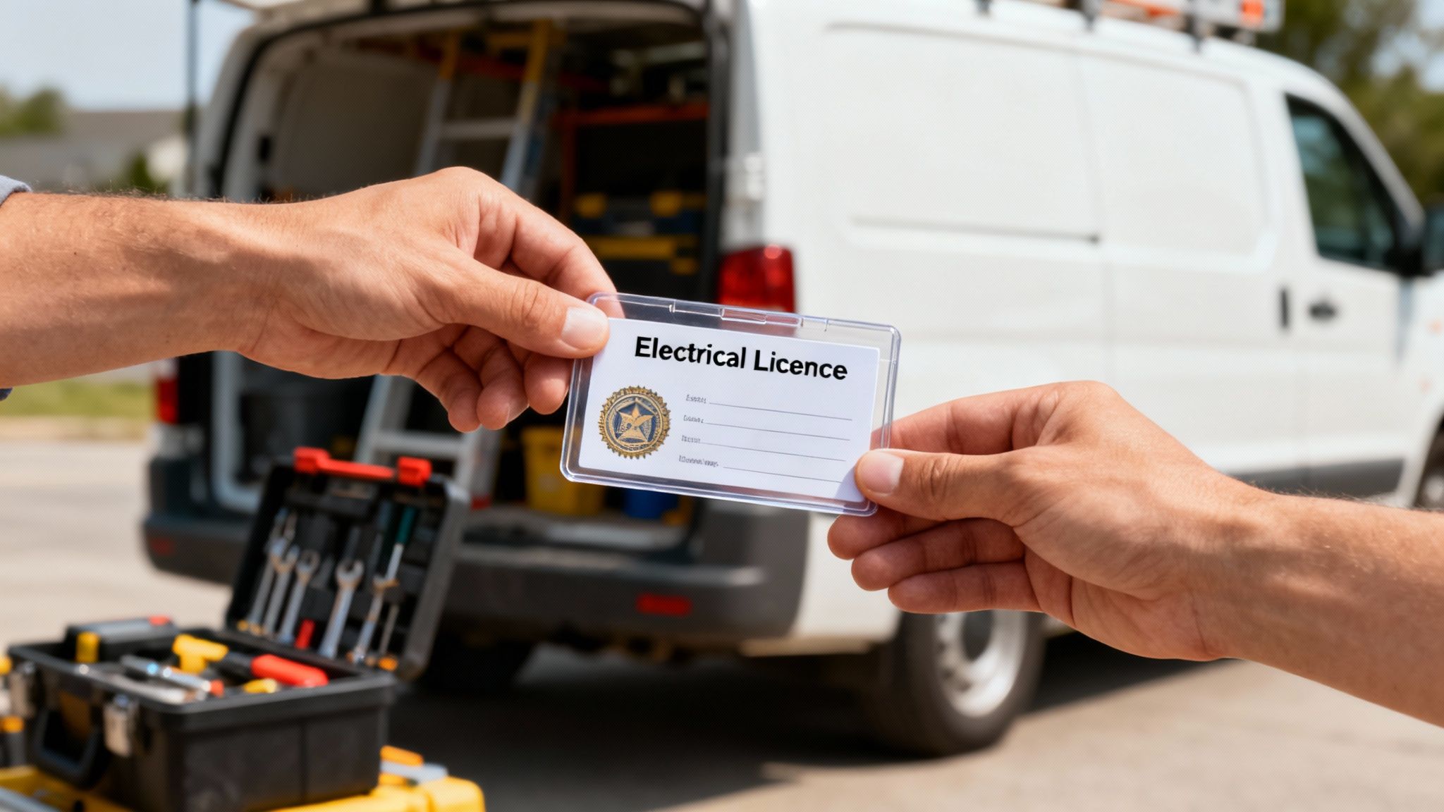 Two Hands Exchanging An &Quot;Electrical Licence&Quot; Card In Front Of A Service Van With Tools.