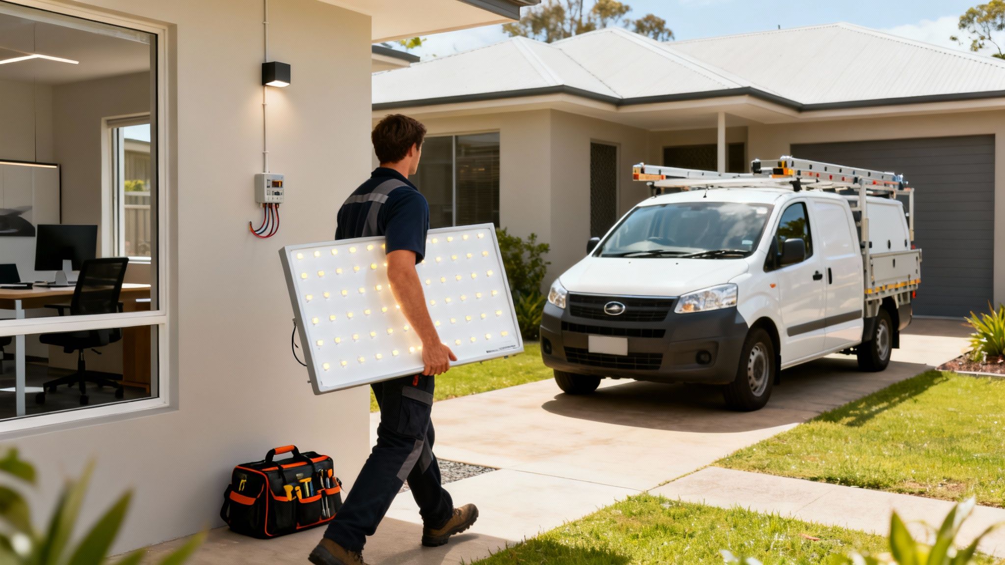 An Electrician Carries A Large Led Lighting Panel Towards A Modern House With A Work Van Parked Nearby.