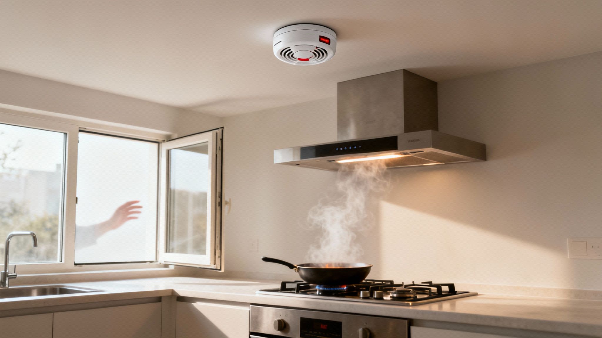 Smoke Alarms Going Off But No Smoke A Troubleshooting Guide 2 Smoke Alarm Blares In A Modern Kitchen As A Person Opens A Window, Cooking Smoke Rising From A Pan.