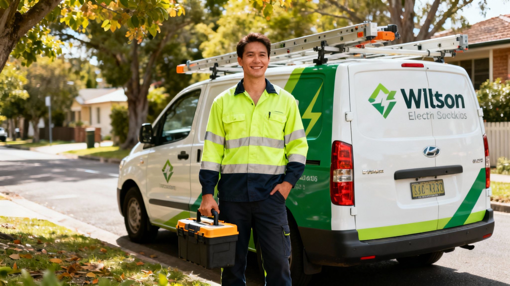 Professional Electrician In High-Visibility Uniform Standing Beside Wilson Electric Sockies Service Van With Toolbox