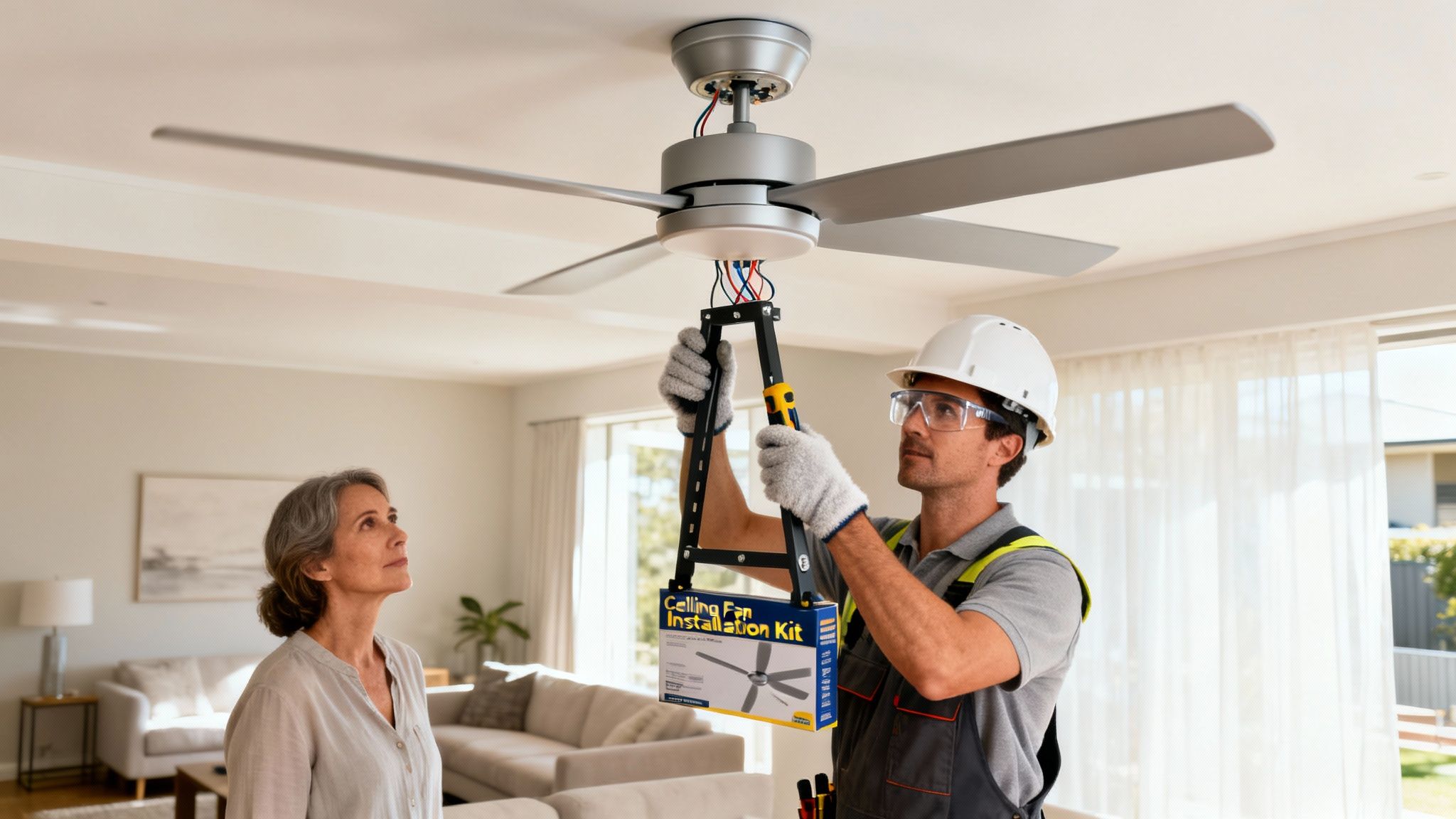 A Man In Safety Gear Installs A Ceiling Fan In A Living Room, While A Woman Observes.