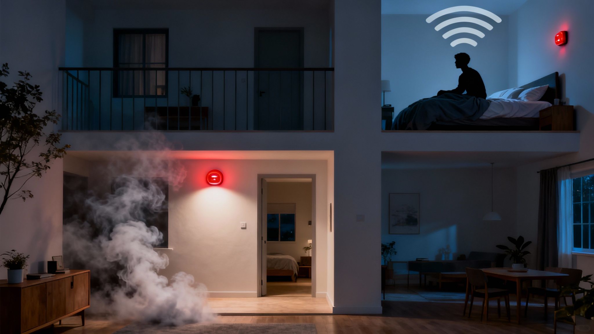 A Family Safely Outside Their Home At Night, With Illuminated Smoke Alarms Visible Through The Windows.