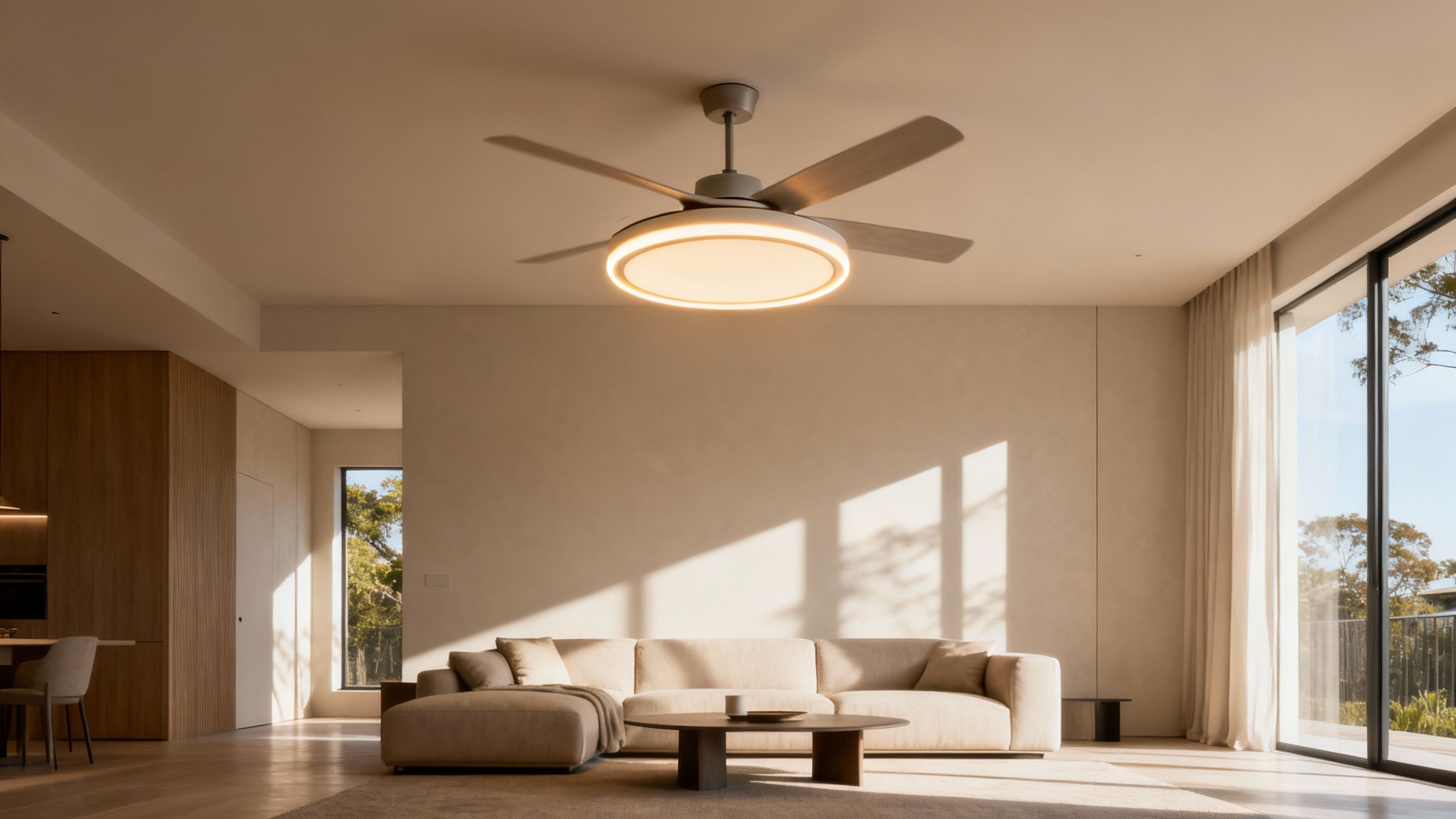 A Modern Living Room With A Beige Sectional Sofa, A Coffee Table, And A Stylish Ceiling Fan Light.