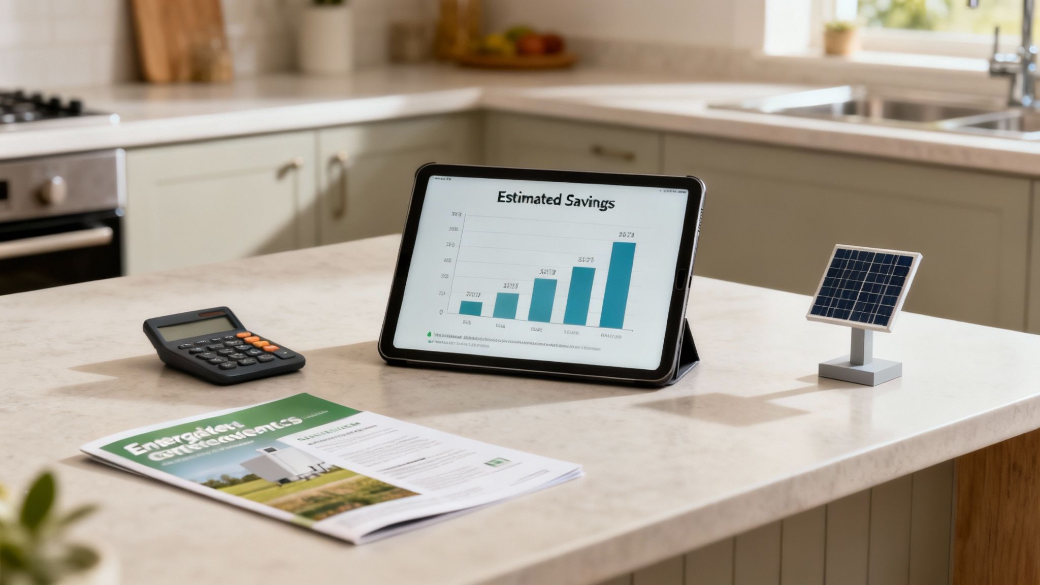 Tablet Showing Estimated Energy Savings, With A Calculator And A Small Solar Panel Model On A Kitchen Counter.