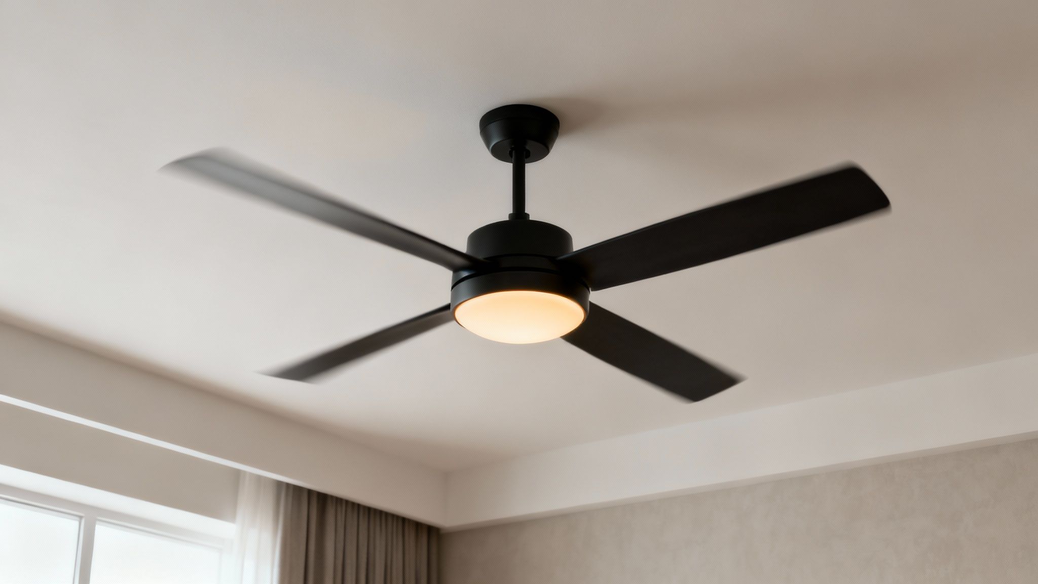 A Modern Black Ceiling Fan With A Warm Glowing Light Spinning Against A White Ceiling.