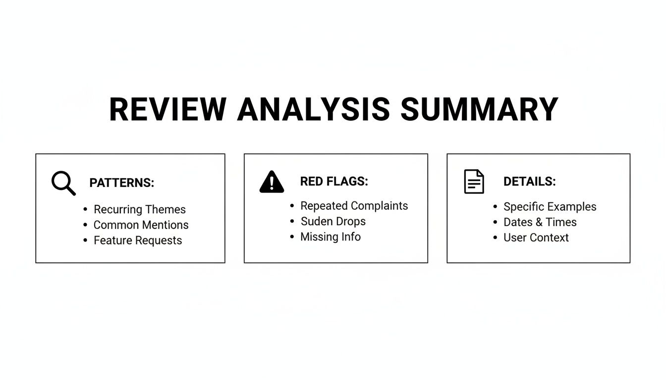 Review Analysis Summary Document With Sections For Patterns, Red Flags, And Details.