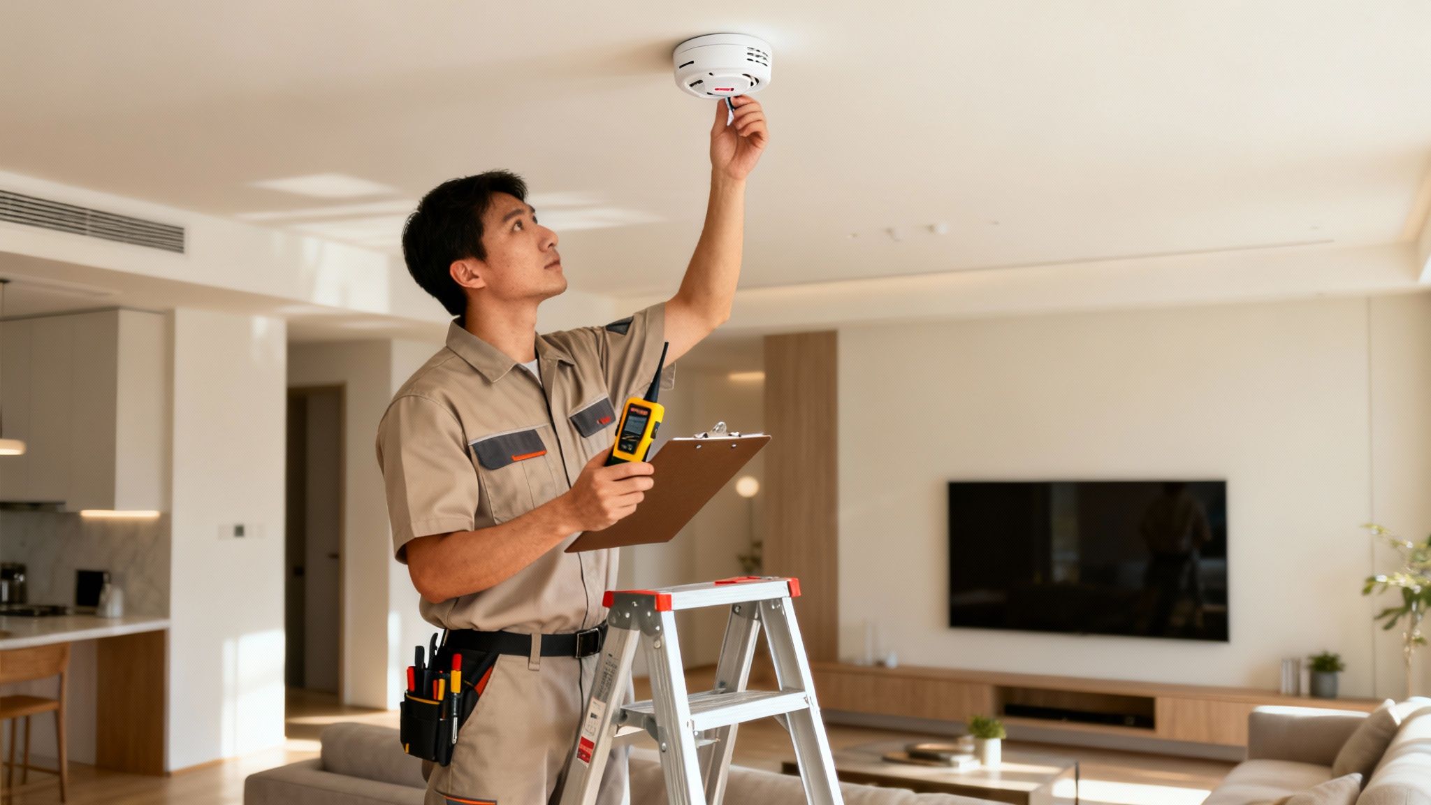 A Male Technician In Uniform Inspects A Smoke Detector On The Ceiling Of A Modern Home.