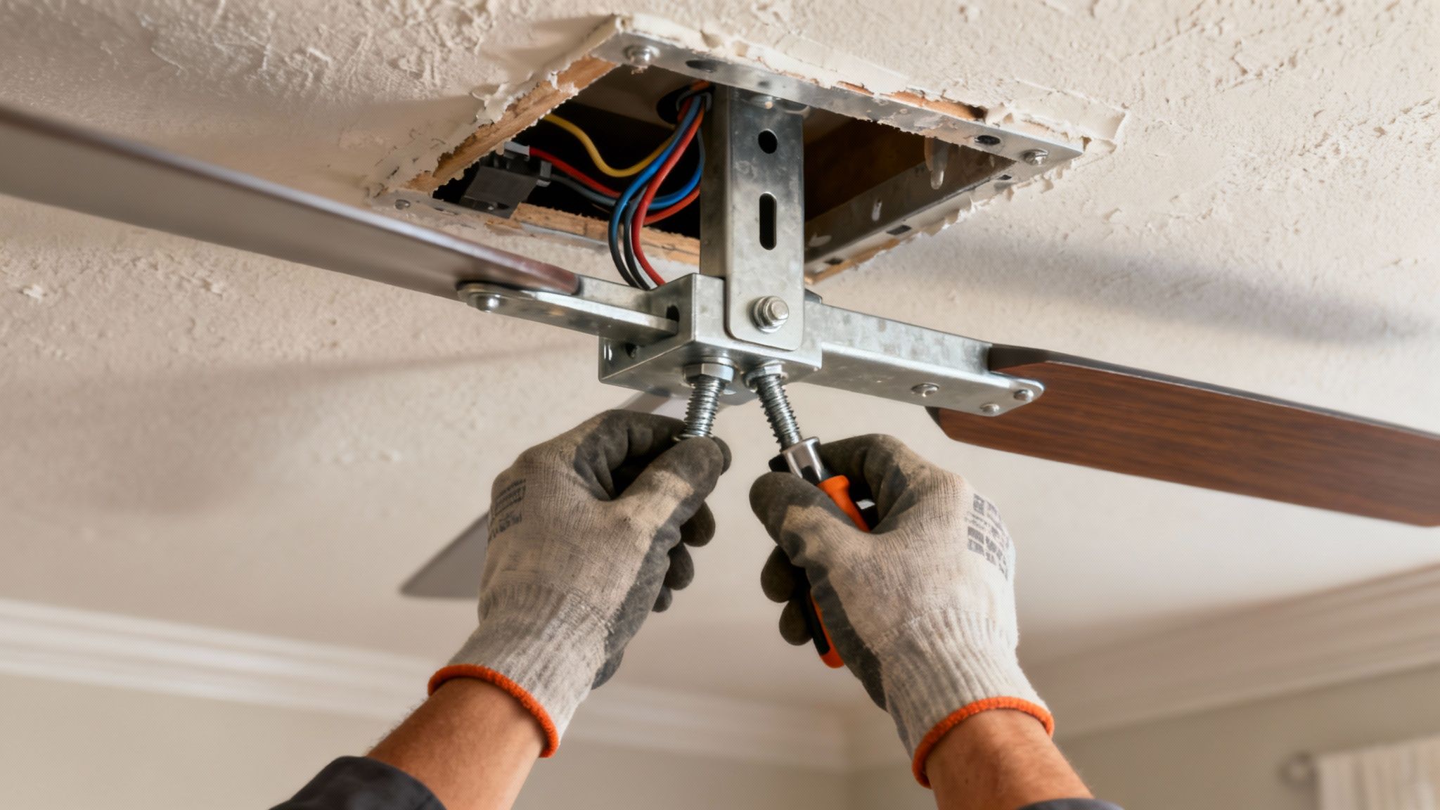 A Professional Electrician Safely Installing A Ceiling Fan.