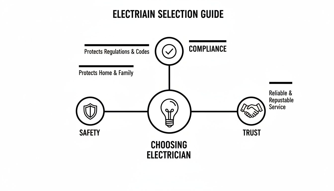 Infographic Showing An Electrician Selection Guide With Safety, Compliance, And Trust As Key Criteria.