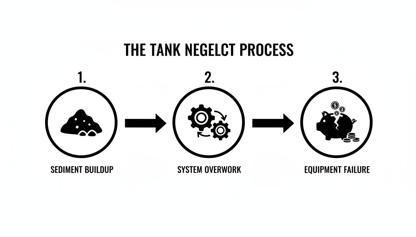 Infographic Showing The Tank Neglect Process: Sediment Buildup, Leading To System Overwork, Causing Equipment Failure.