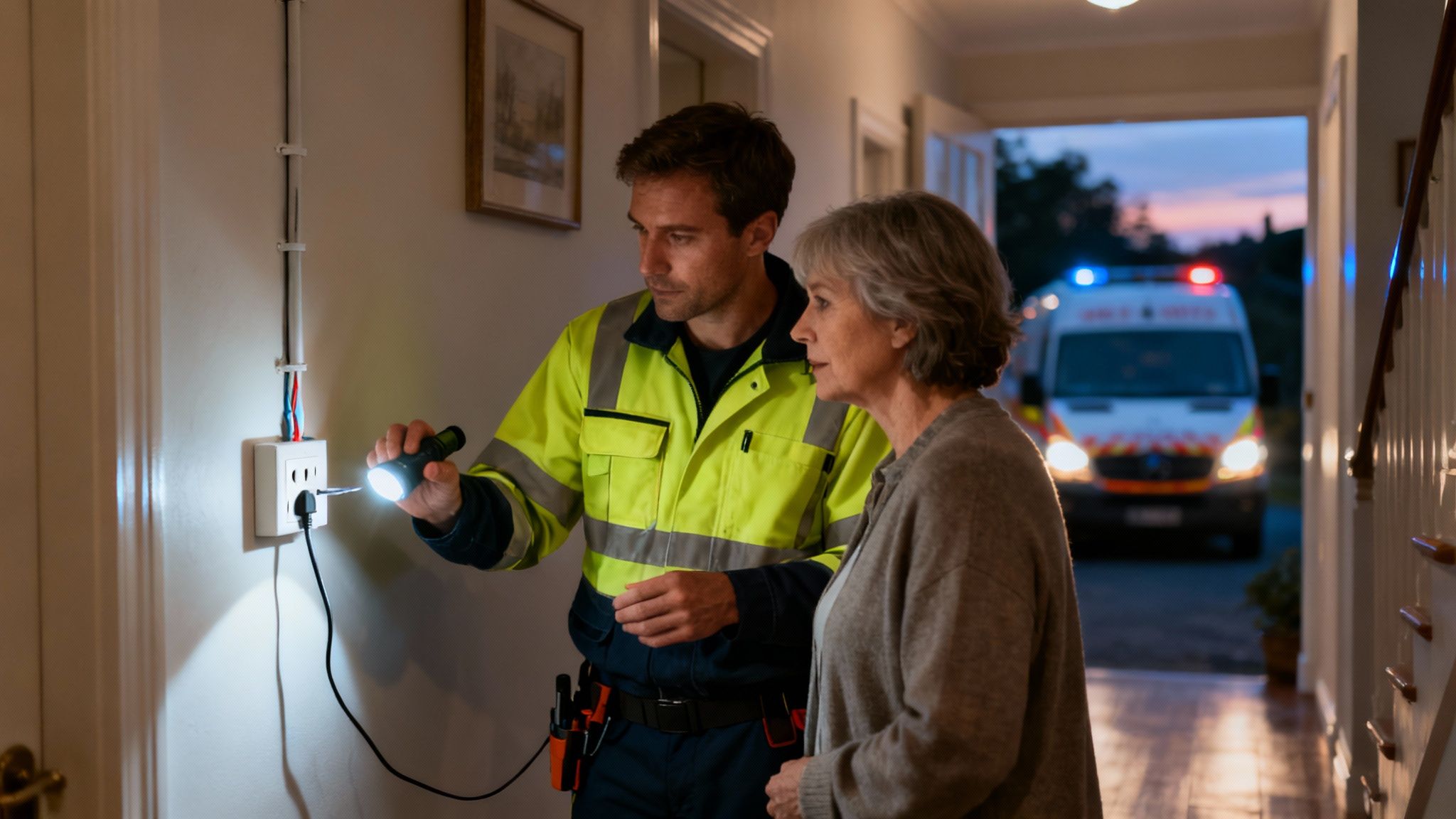 Electrician In High Visibility Vest Explaining Electrical Issue To Homeowner With Emergency Vehicle Outside