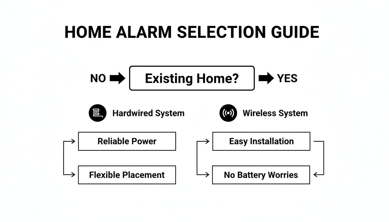 A Flowchart Guiding Home Alarm System Selection, Comparing Hardwired And Wireless Options And Their Benefits.