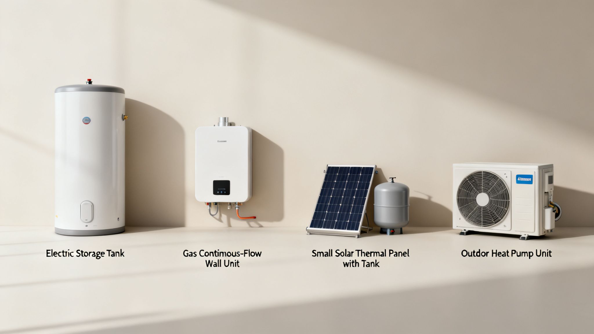 Four Different Modern Hot Water Heating Systems, Including Electric, Gas, Solar, And Heat Pump Units Displayed.