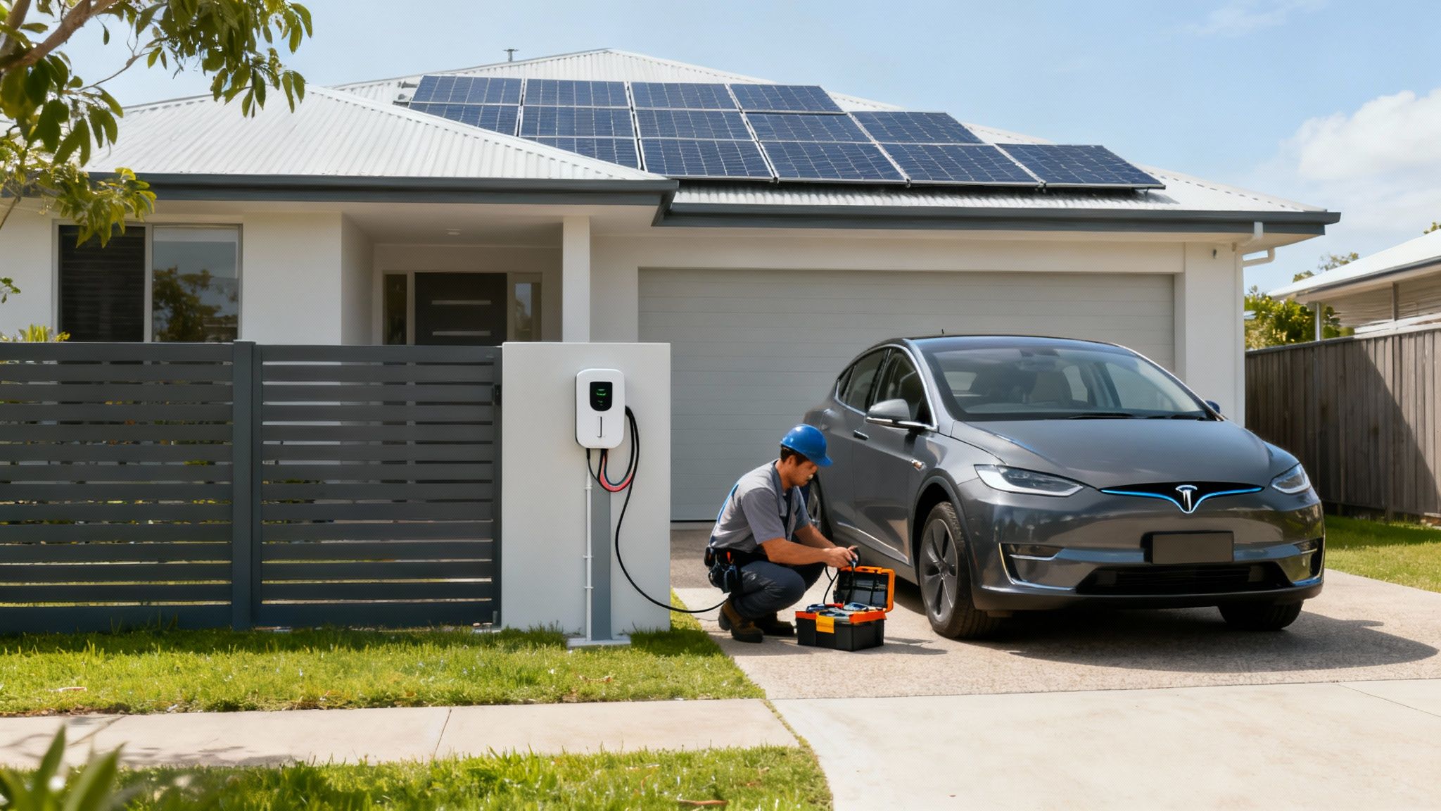 An Electrician Installing An Ev Charger On The Side Of A Modern Brisbane Home.