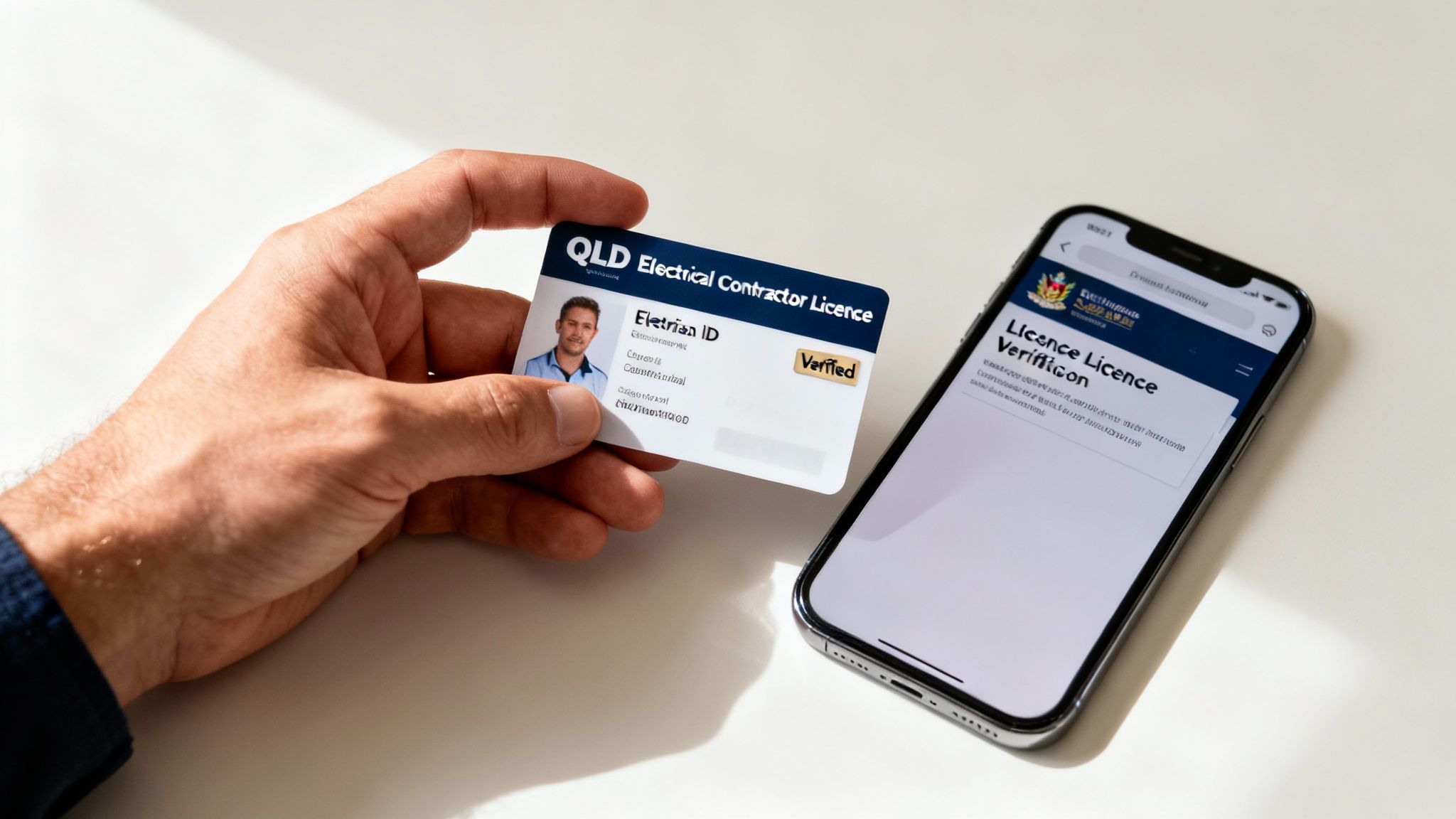 A Hand Holding A Qld Electrical Contractor Licence Card Next To A Smartphone Displaying License Verification.