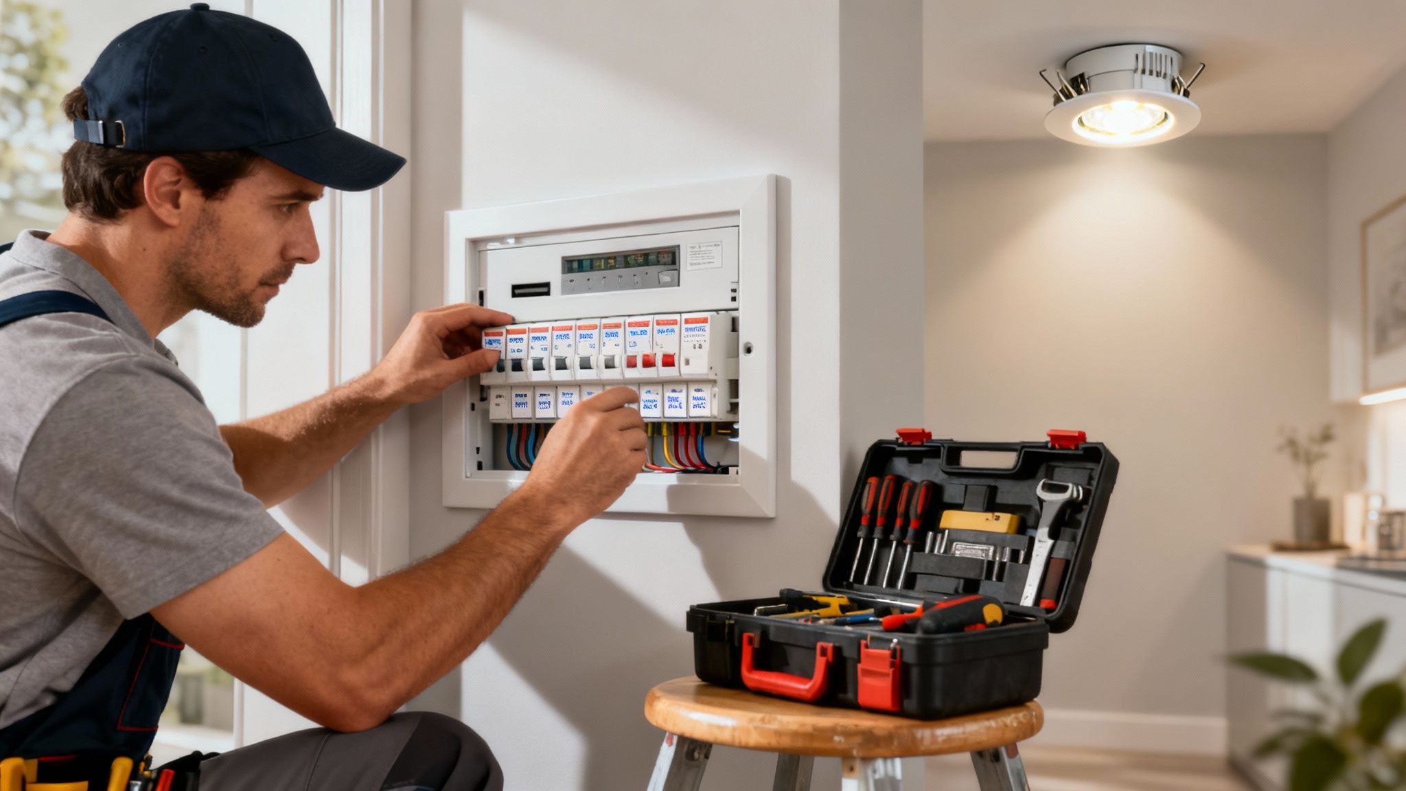An Electrician In A Blue Cap Works On A White Electrical Fuse Box, Connecting Colorful Wires.