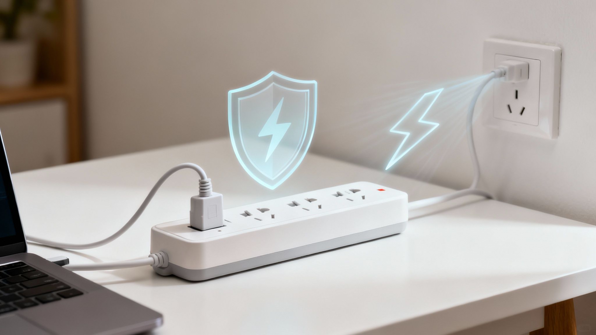 A Hand Plugging A White Power Cord Into A Multi-Outlet Surge Protector On A Wooden Floor.