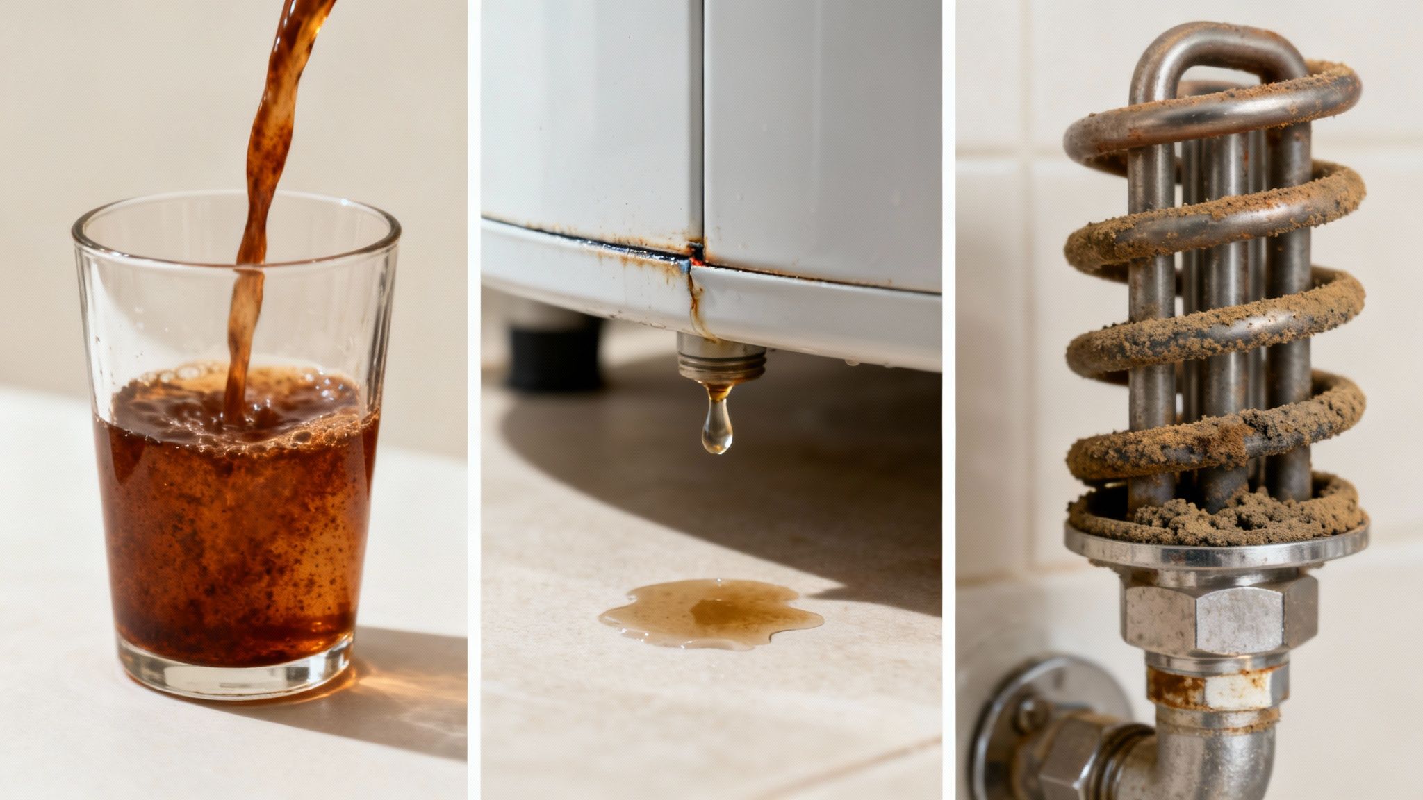 Three Panels Showing Dirty Water Being Poured, A Leaking Rusty Water Heater, And A Corroded Heating Element.