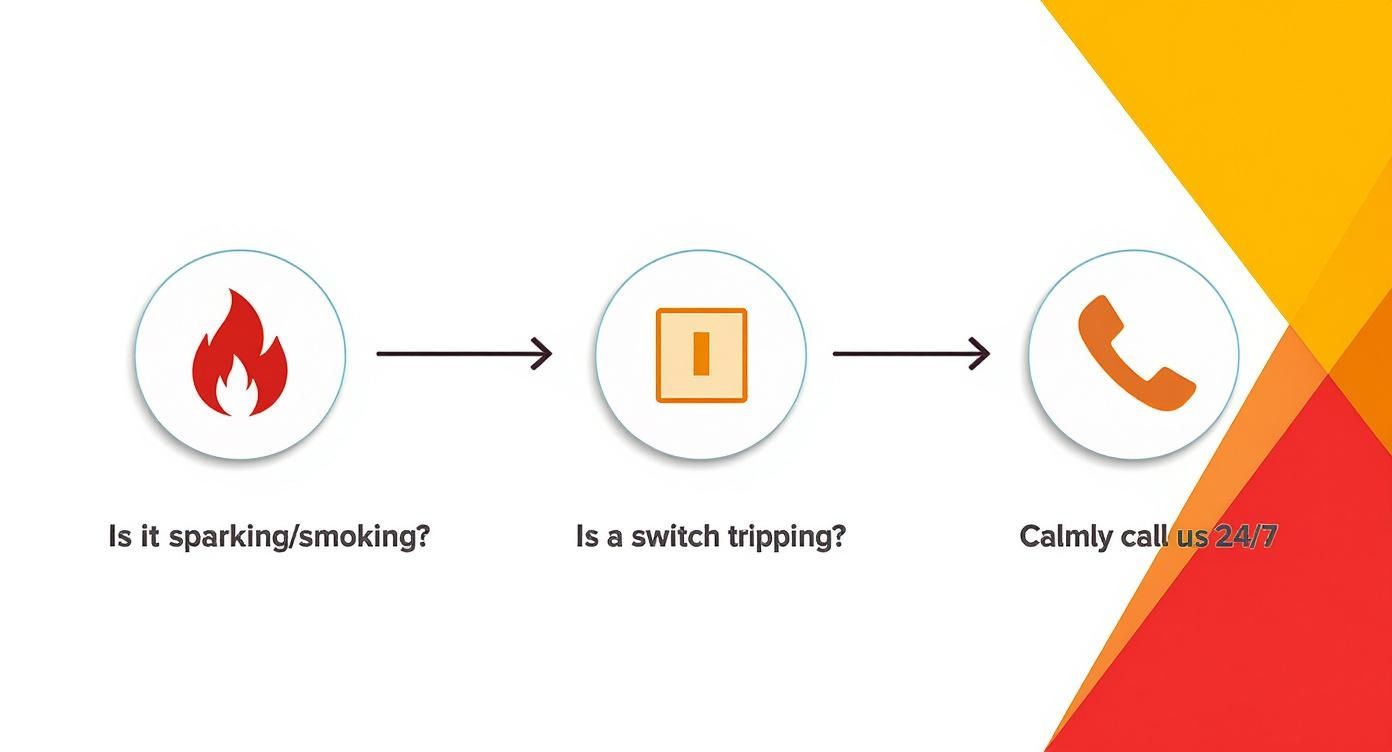 Emergency Electrical Safety Flowchart Showing Fire Hazard Warning, Switch Check, And Call Electrician 24/7