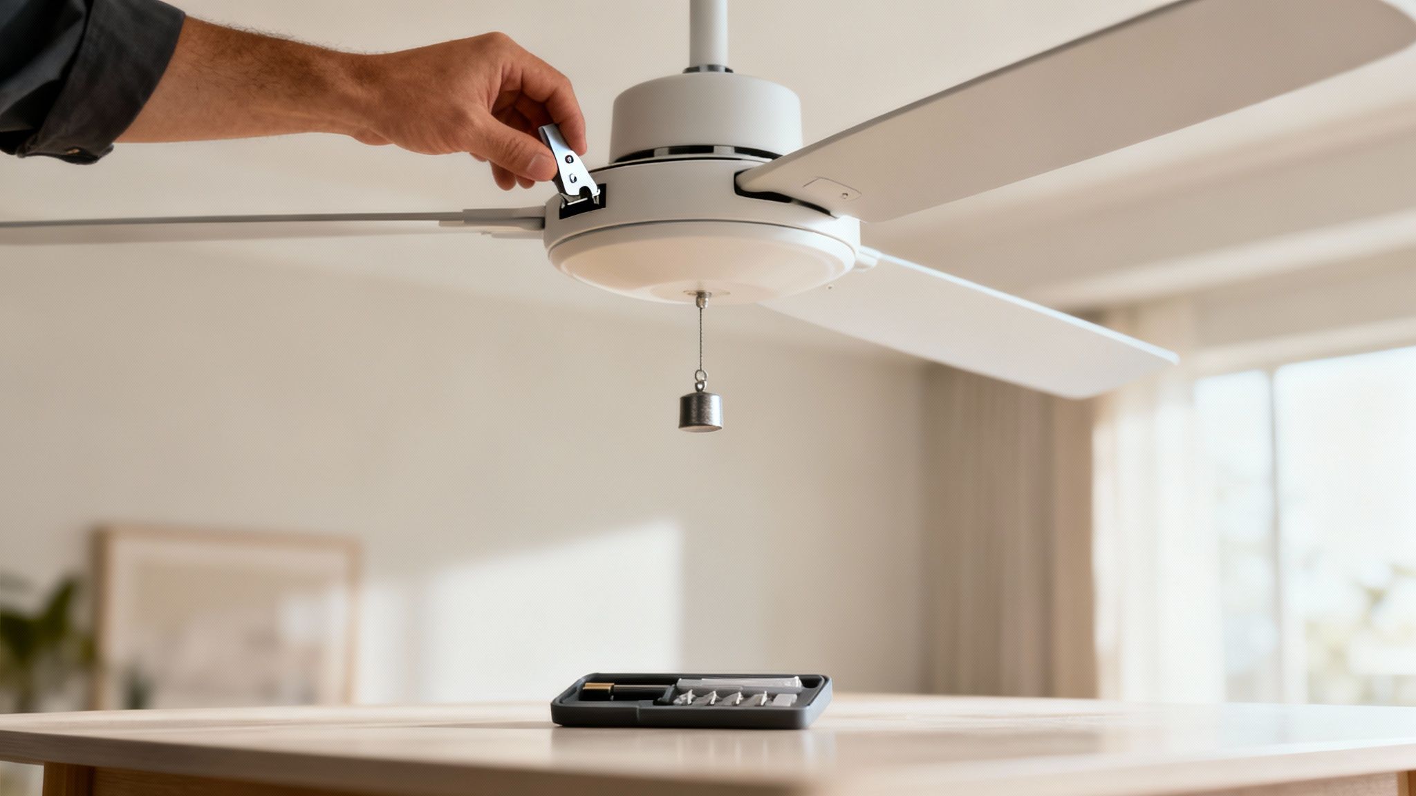 A Person Using A Remote To Test A Newly Installed Ceiling Fan