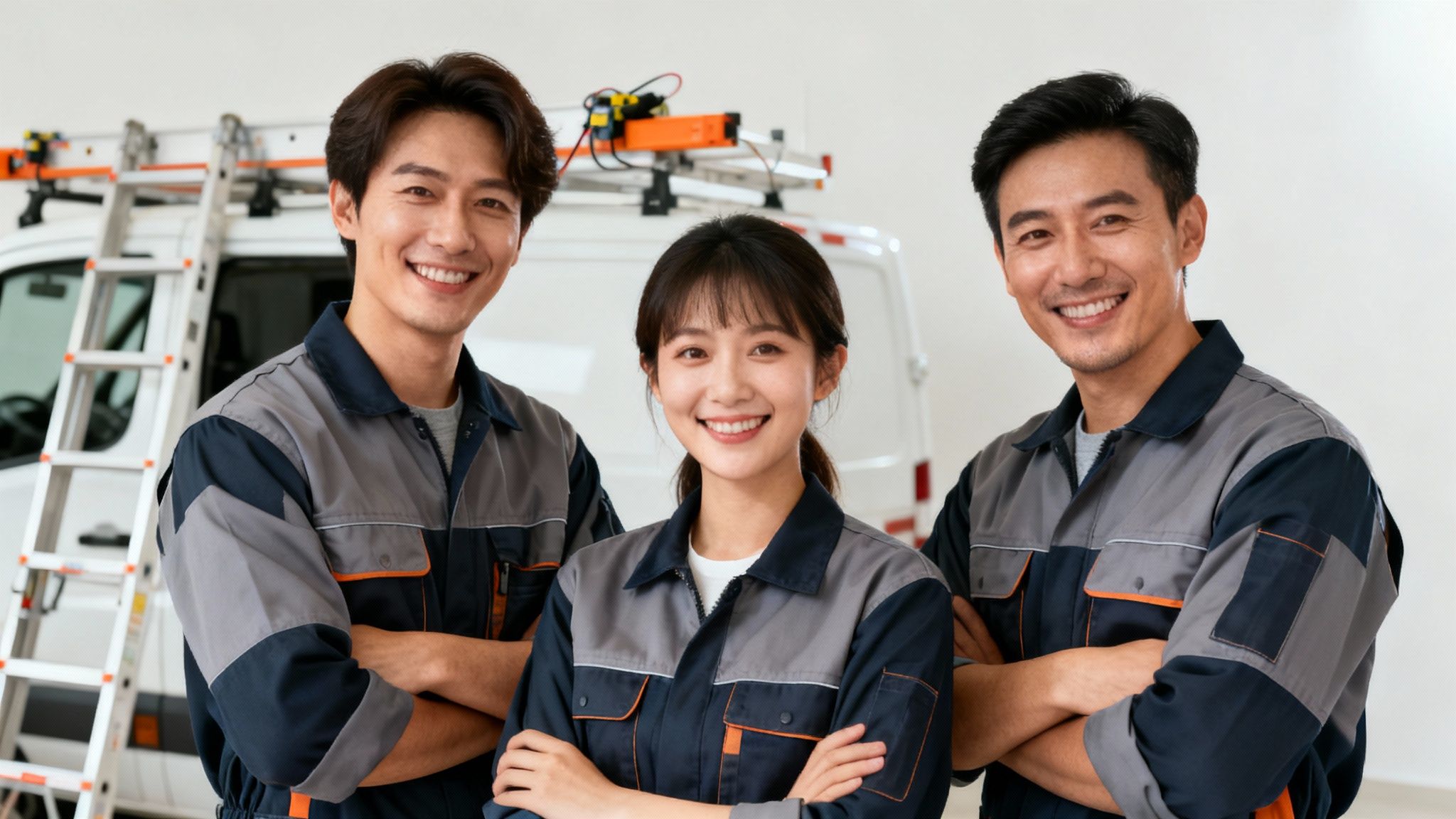 Three Smiling Electricians In Uniform Stand Confidently In Front Of A Service Van With A Ladder.