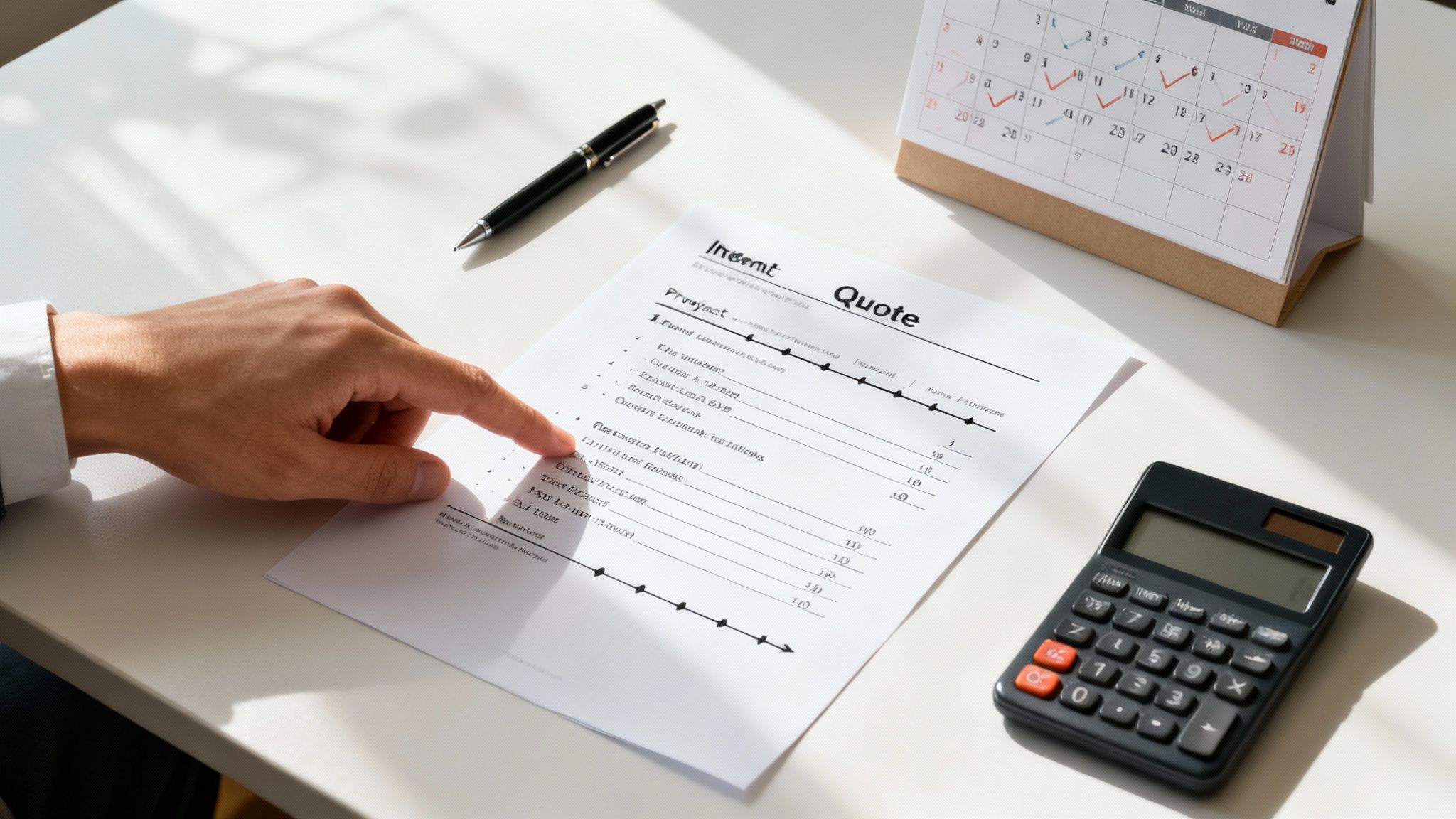 Find Residential Electrician Company Near Me: Top Tips To Hire Right 4 A Person'S Hand Points To A Business Quote Document On A White Desk With A Calculator And Calendar.