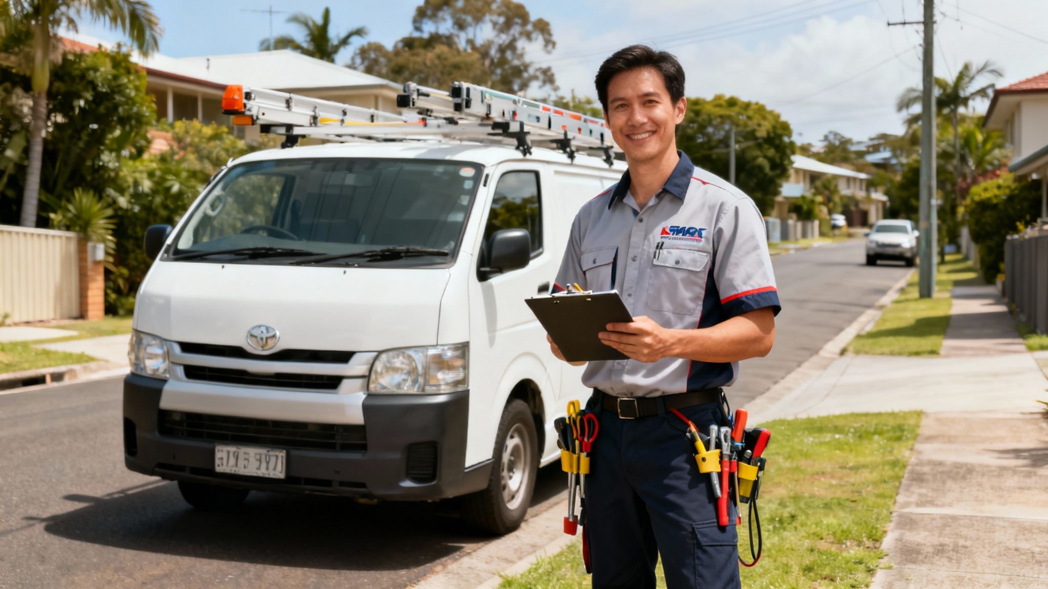 Smiling Electrician In Uniform Holding A Clipboard, Standing By His White Service Van On A Street.