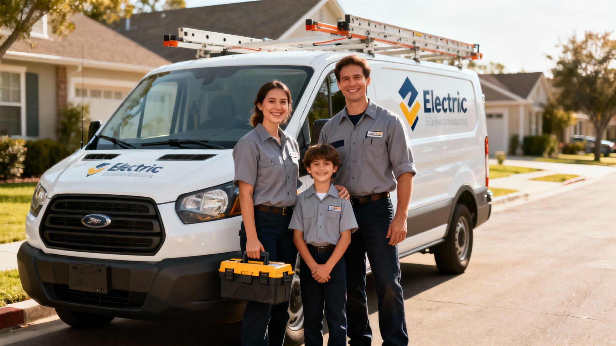 A Family Of Electricians In Uniform Stands Proudly In Front Of Their White Service Van With A Toolbox.