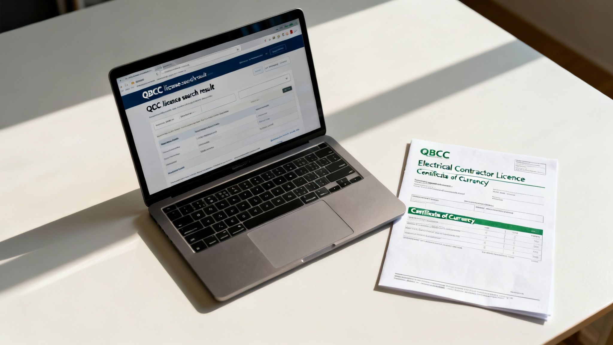 Laptop Showing Qbcc License Search Results And An Electrical Contractor Licence Certificate On A White Desk.