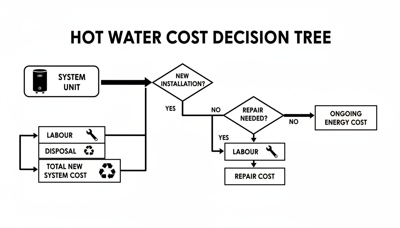 A Hot Water Cost Decision Tree Illustrating Options For New Installation, Repairs, And Ongoing Energy Costs.