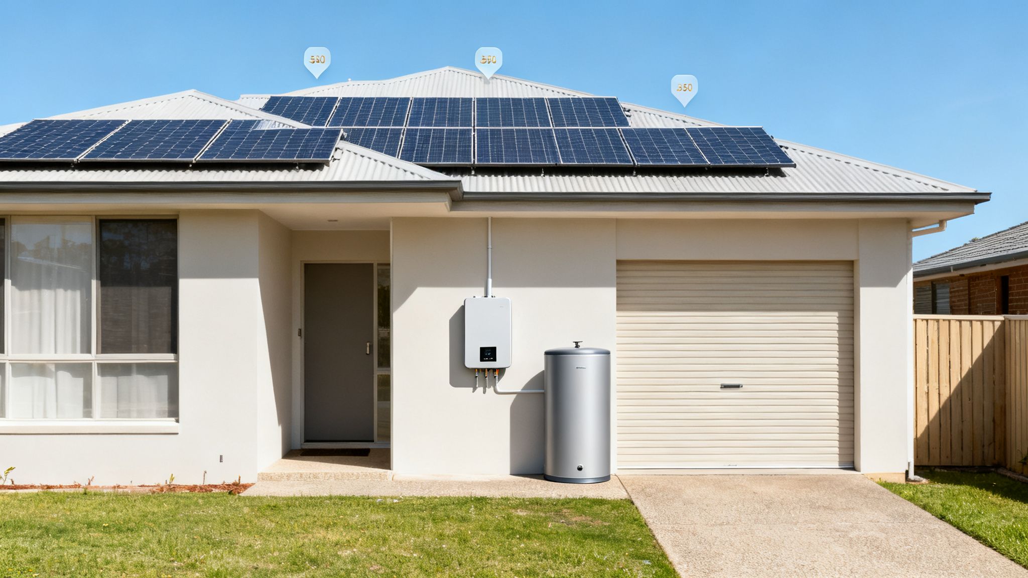 Front View Of A Modern House With Solar Panels On The Roof And A Newly Installed Hot Water System.
