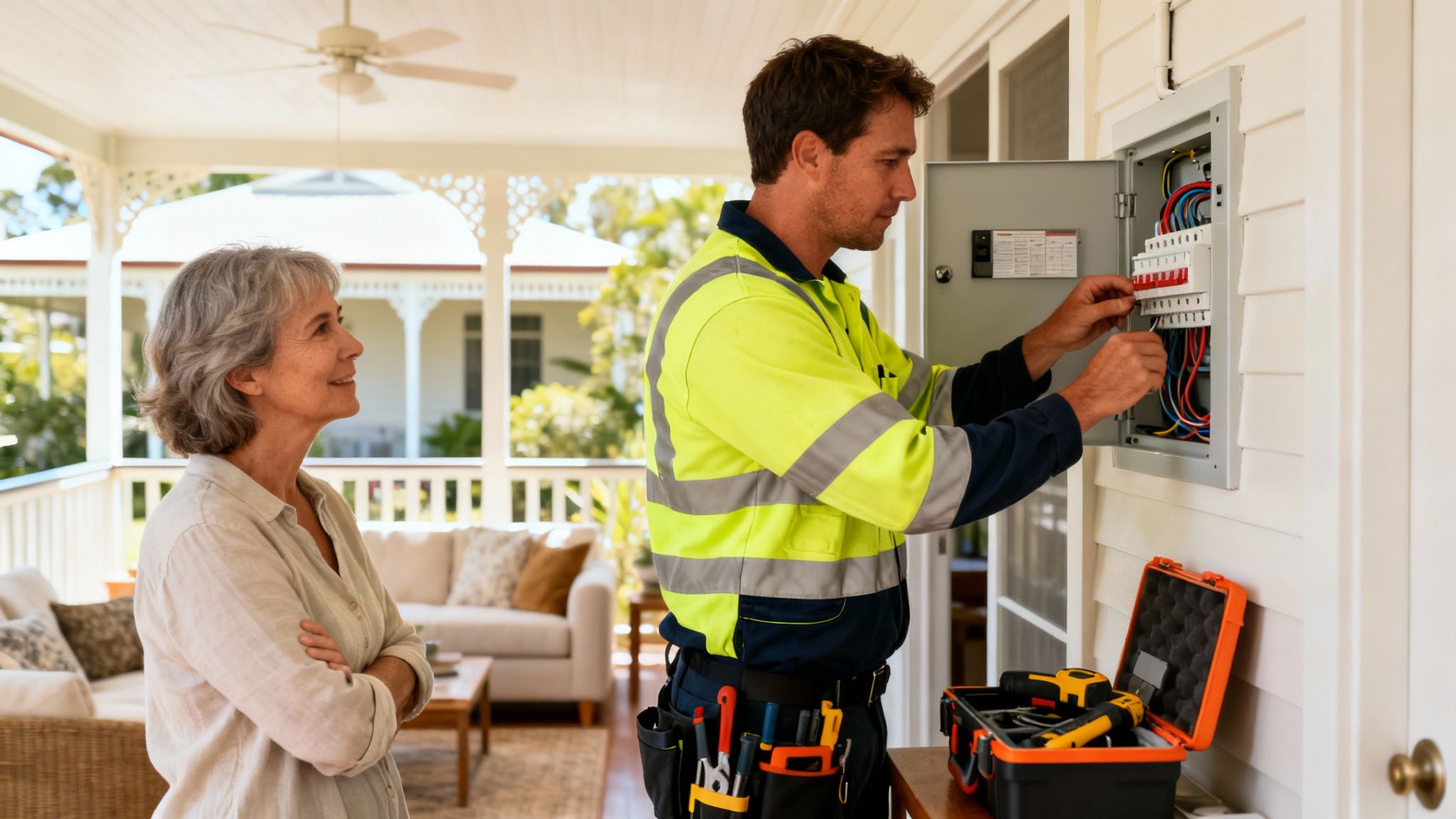 An Electrician In A High-Visibility Vest Fixes An Outdoor Electrical Box As A Woman Watches.