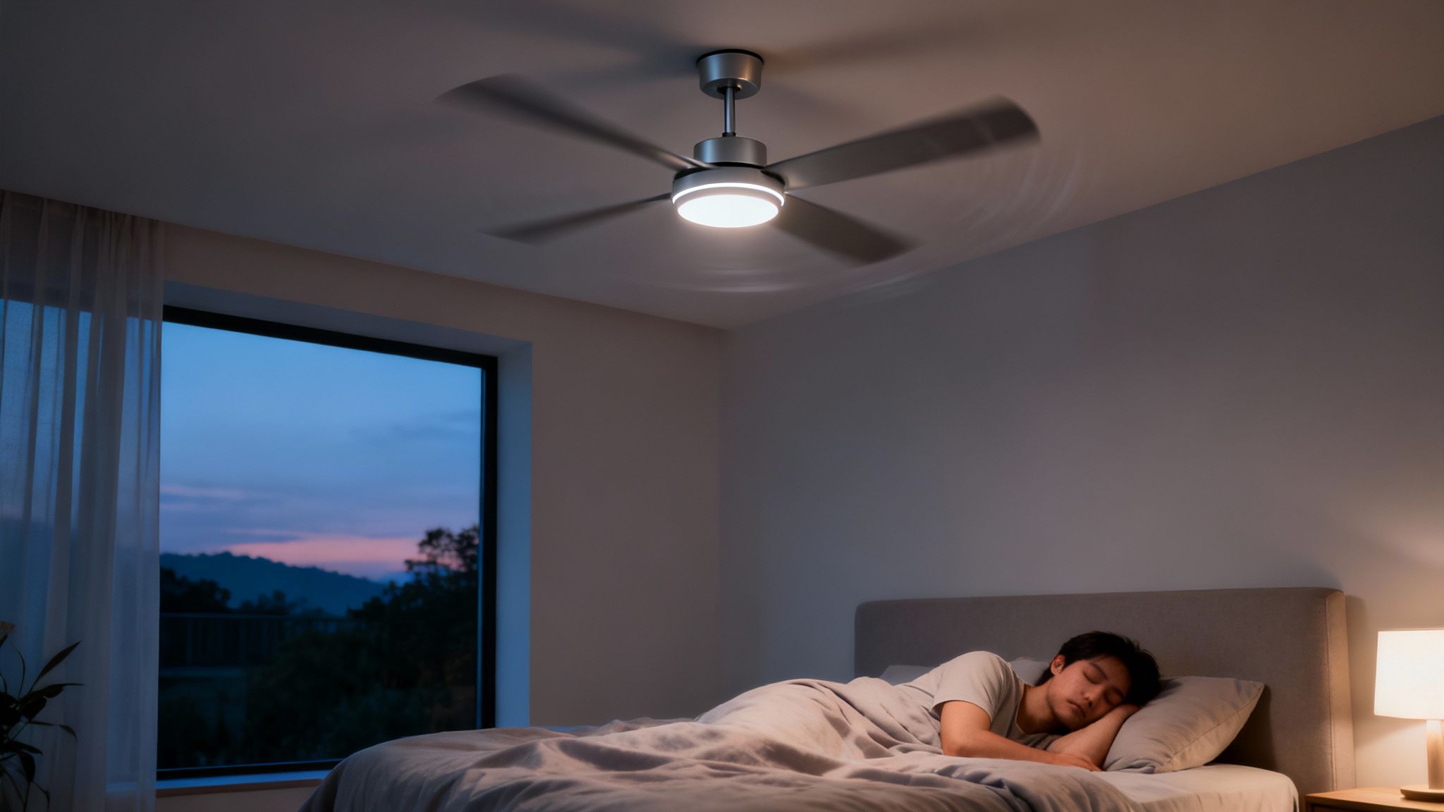 A Man Sleeps In Bed Under A Spinning Ceiling Fan, With A Window Showing A Dusk Sky.