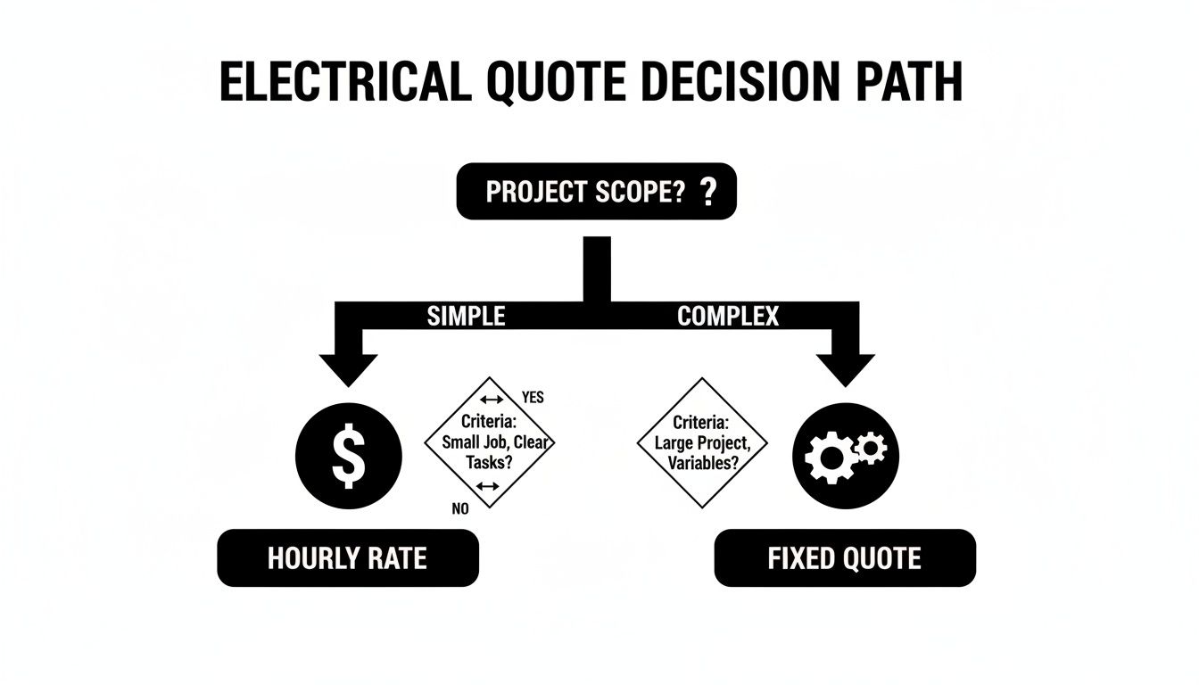 Decision Path Flowchart For Electrical Quotes, Determining Hourly Rate Or Fixed Quote Based On Project Complexity.