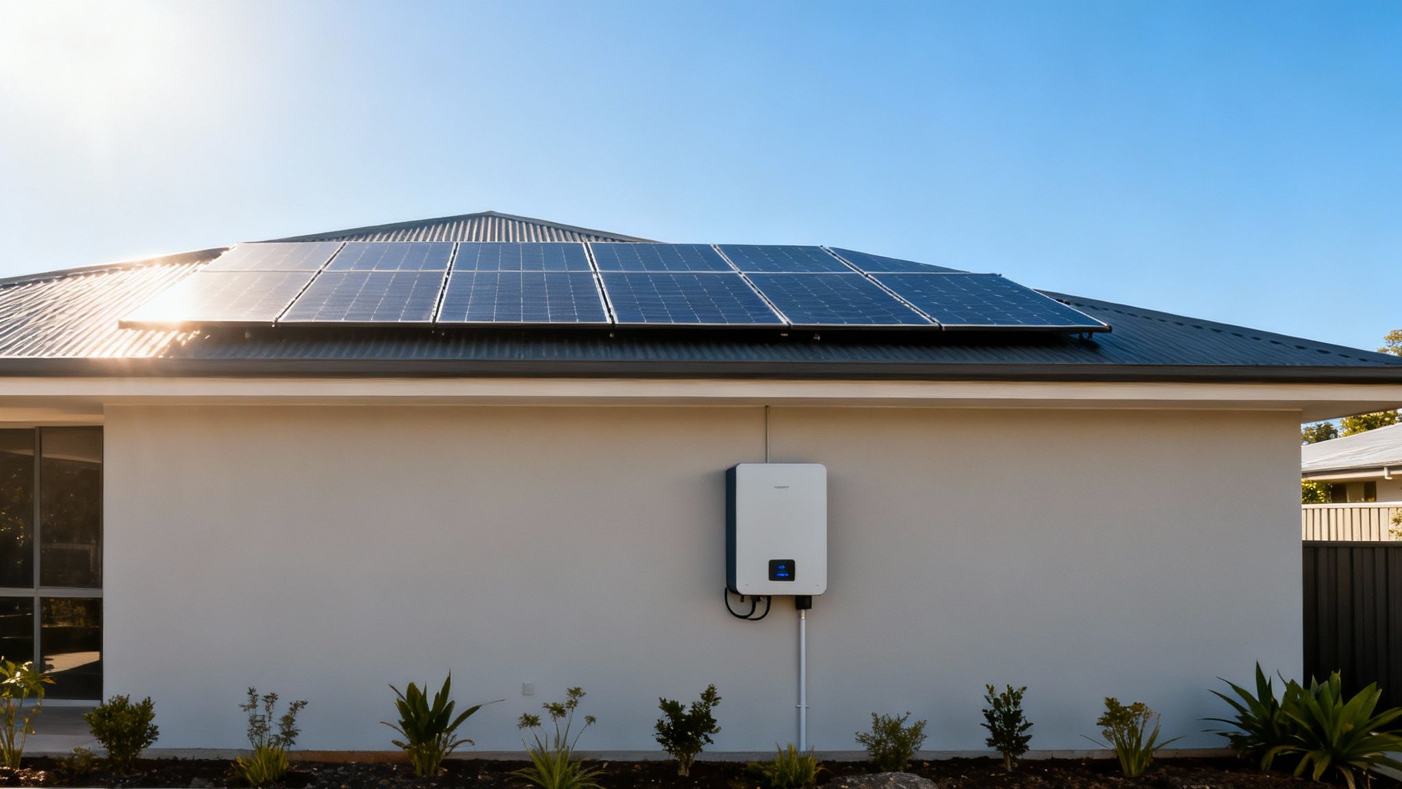 A Modern House With Blue Solar Panels On A Dark Roof And A White Inverter On The Wall.