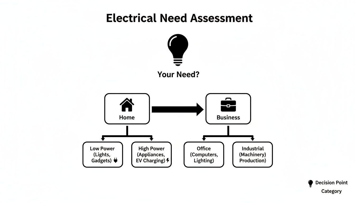 Flowchart For Electrical Need Assessment, Categorizing Power Requirements For Home And Business Applications.