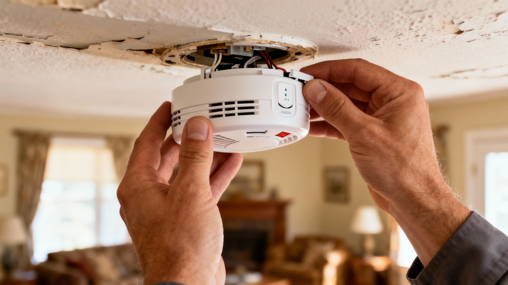 Man'S Hands Installing A New Wireless Smoke Detector Onto A Damaged Ceiling.