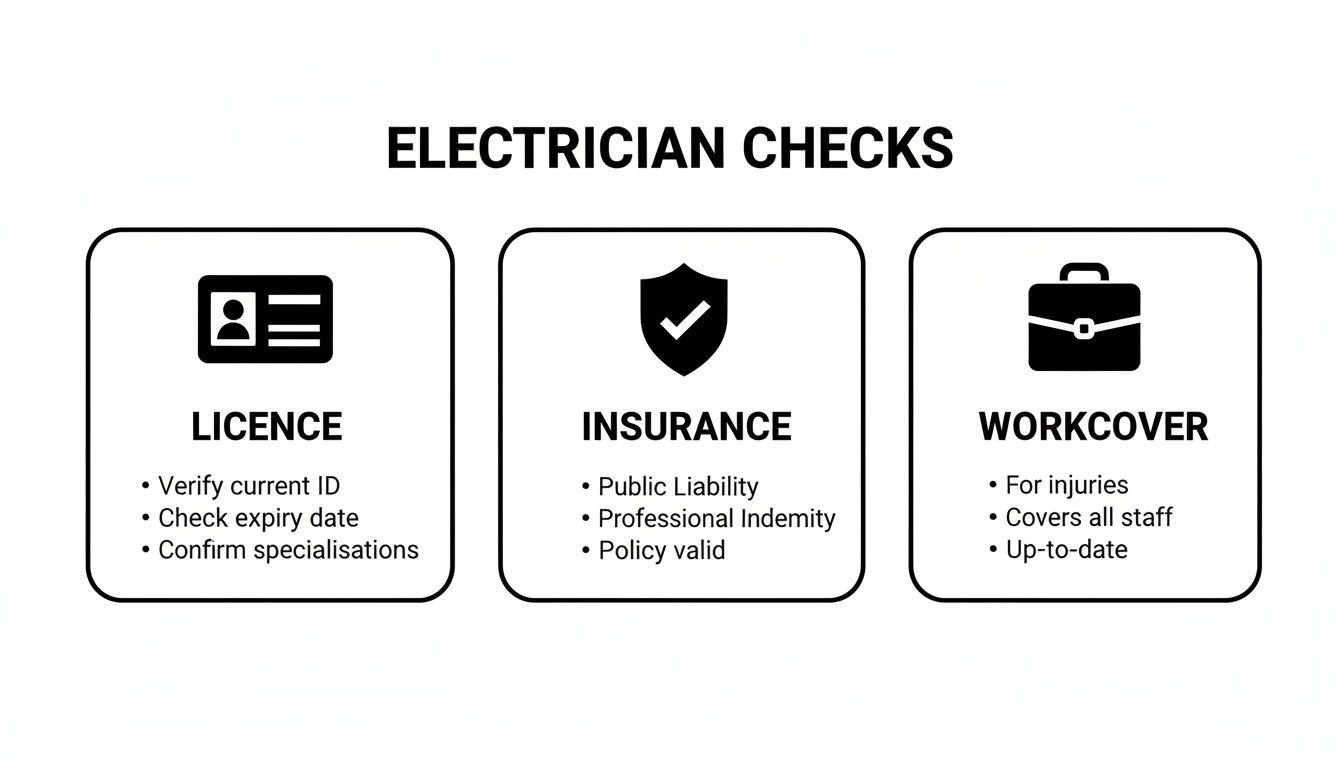 An Infographic Detailing Three Essential Electrician Checks: Licence, Insurance, And Workcover Requirements.