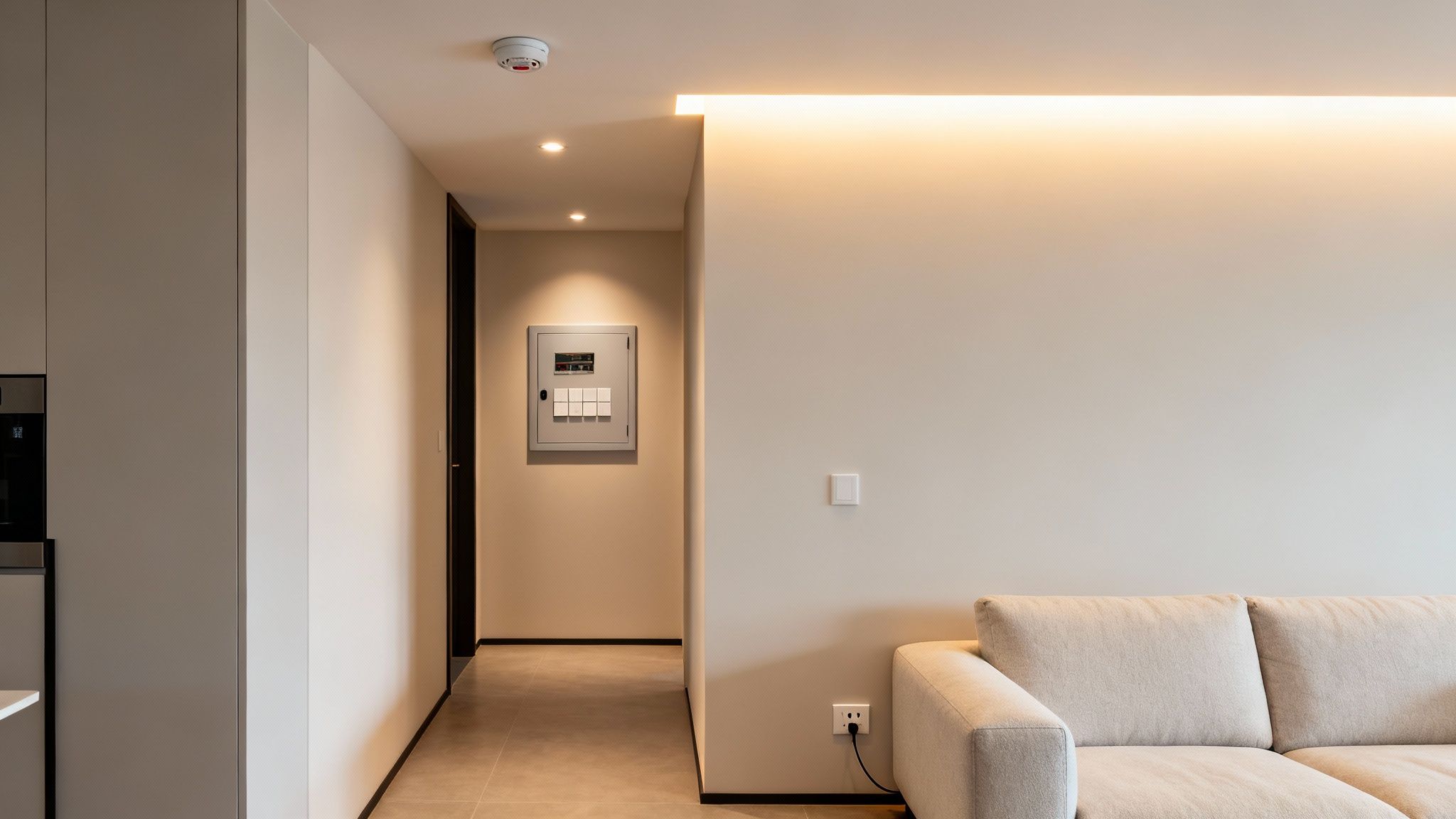 Bright, Modern Living Space With A Comfortable Sofa, Warm Accent Lighting, And A Visible Electrical Panel In The Background.